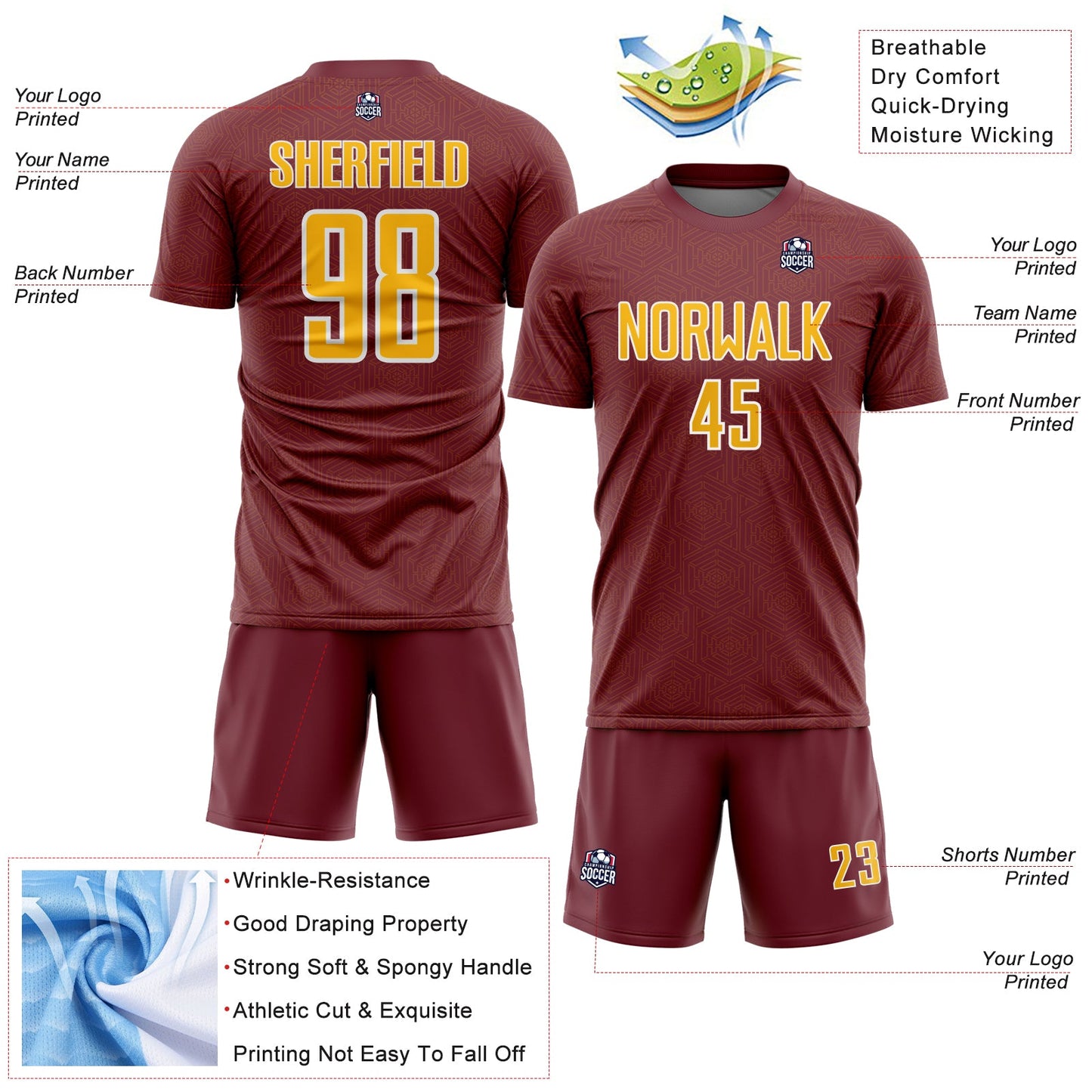 Custom Burgundy Gold-White Geometric Shape Sports Sublimation Soccer Uniform Jersey