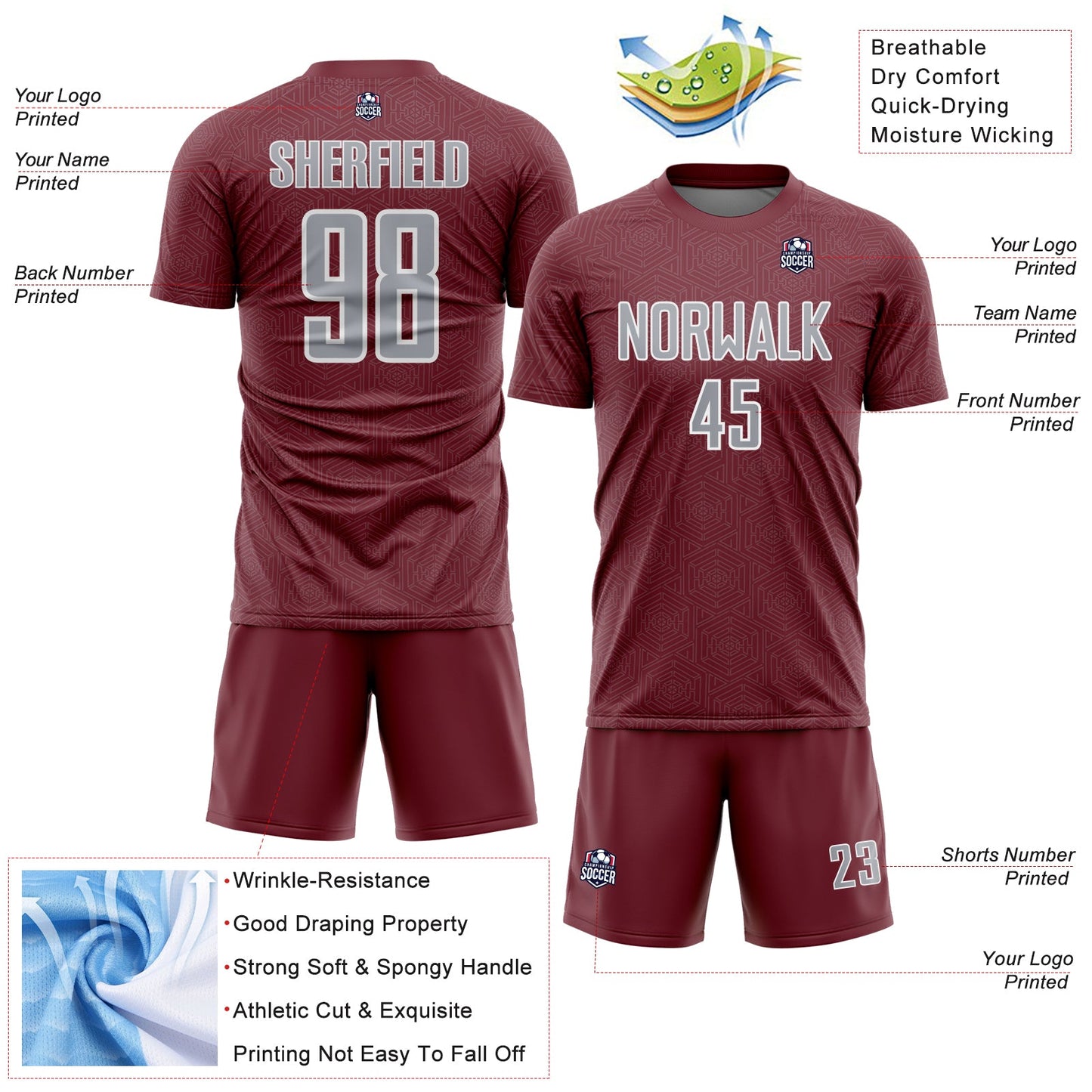 Custom Burgundy Gray-White Geometric Shape Sports Sublimation Soccer Uniform Jersey
