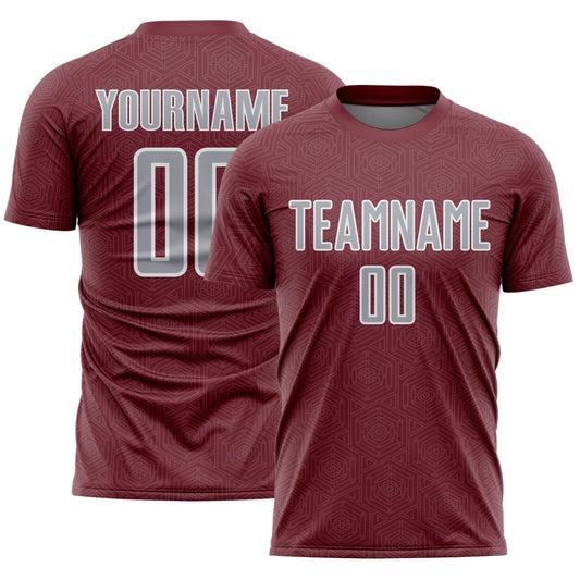 Custom Burgundy Gray-White Geometric Shape Sports Sublimation Soccer Uniform Jersey