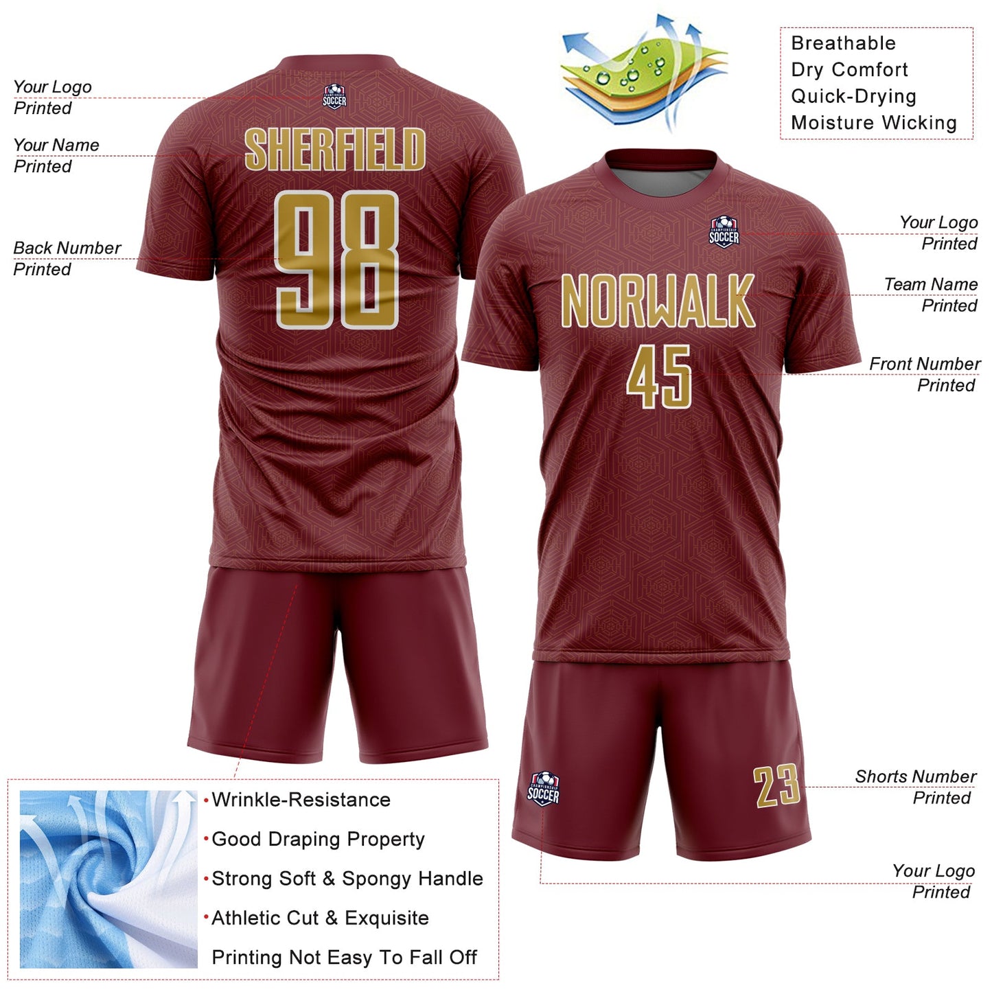 Custom Burgundy Old Gold-White Geometric Shape Sports Sublimation Soccer Uniform Jersey