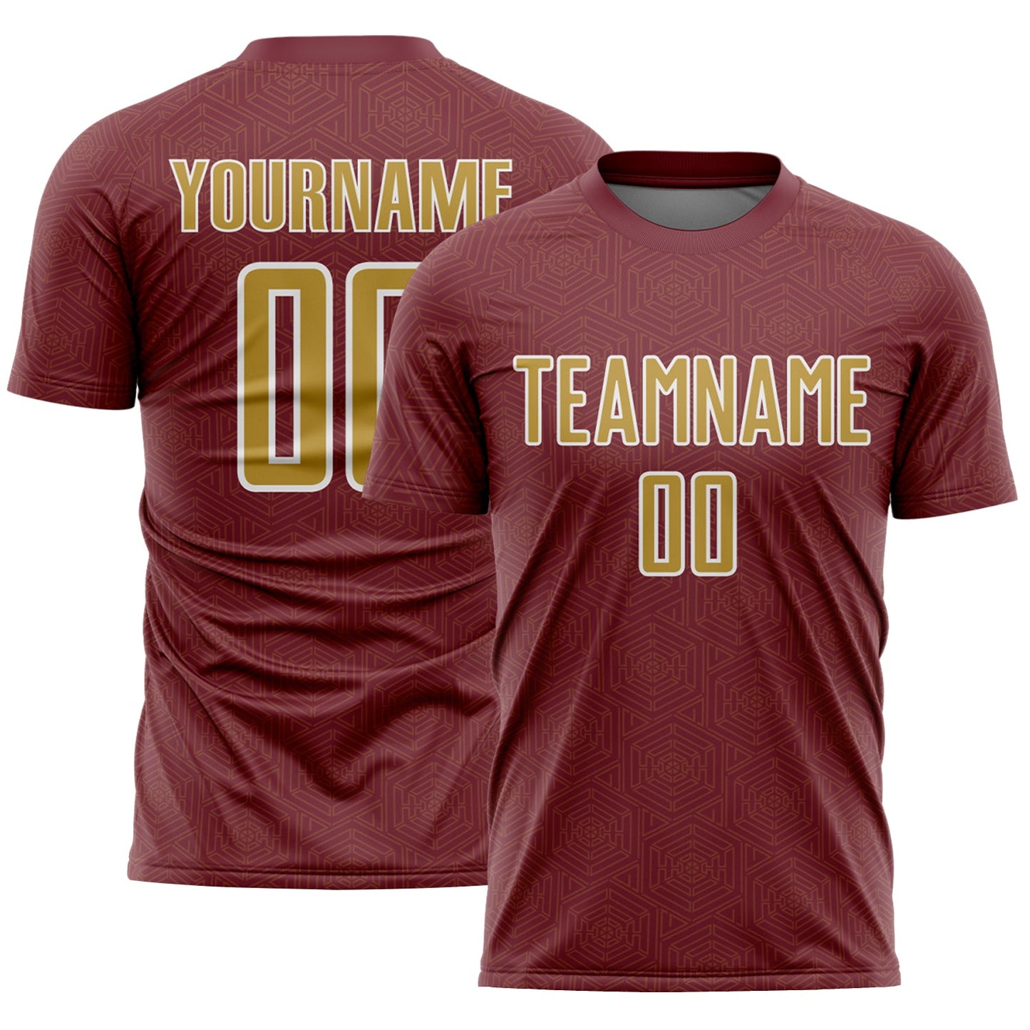 Custom Burgundy Old Gold-White Geometric Shape Sports Sublimation Soccer Uniform Jersey