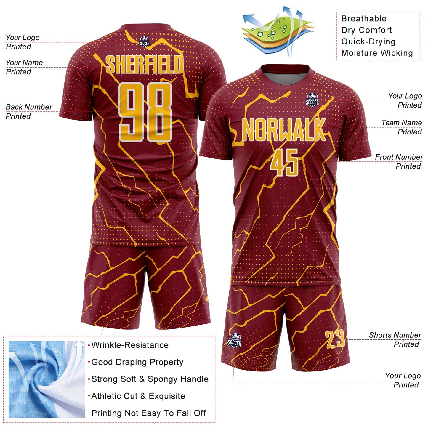 Custom Crimson Gold-White Lightning Sports Sublimation Soccer Uniform Jersey