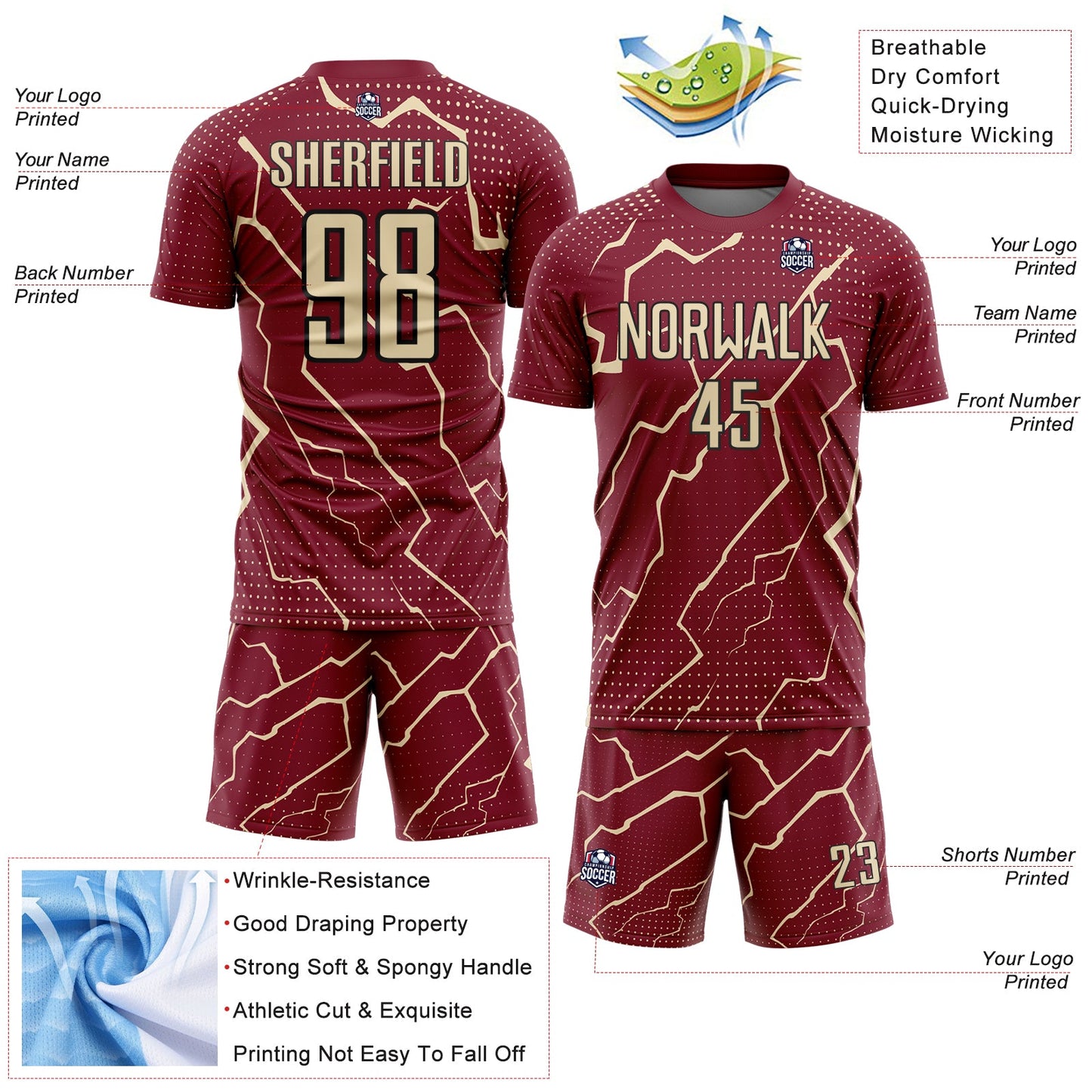 Custom Crimson Cream-Black Lightning Sports Sublimation Soccer Uniform Jersey