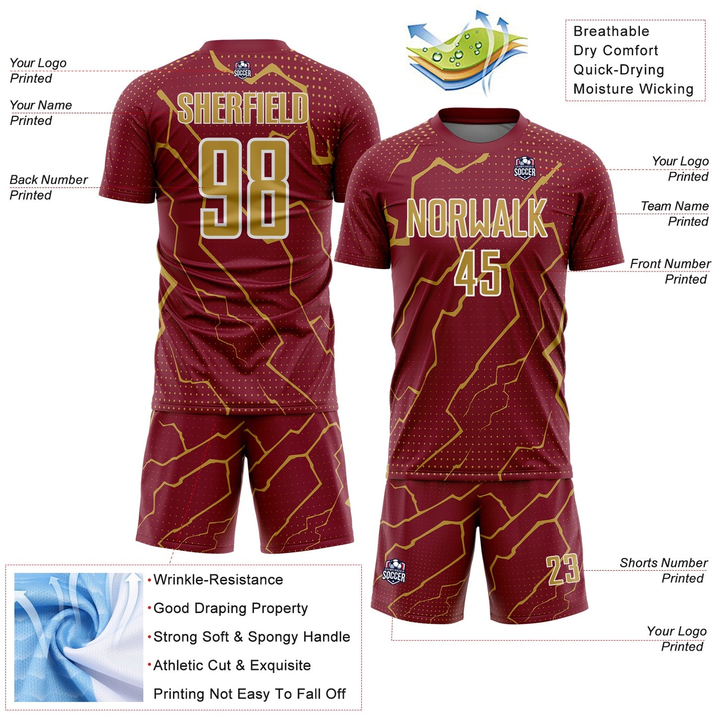 Custom Crimson Old Gold-White Lightning Sports Sublimation Soccer Uniform Jersey