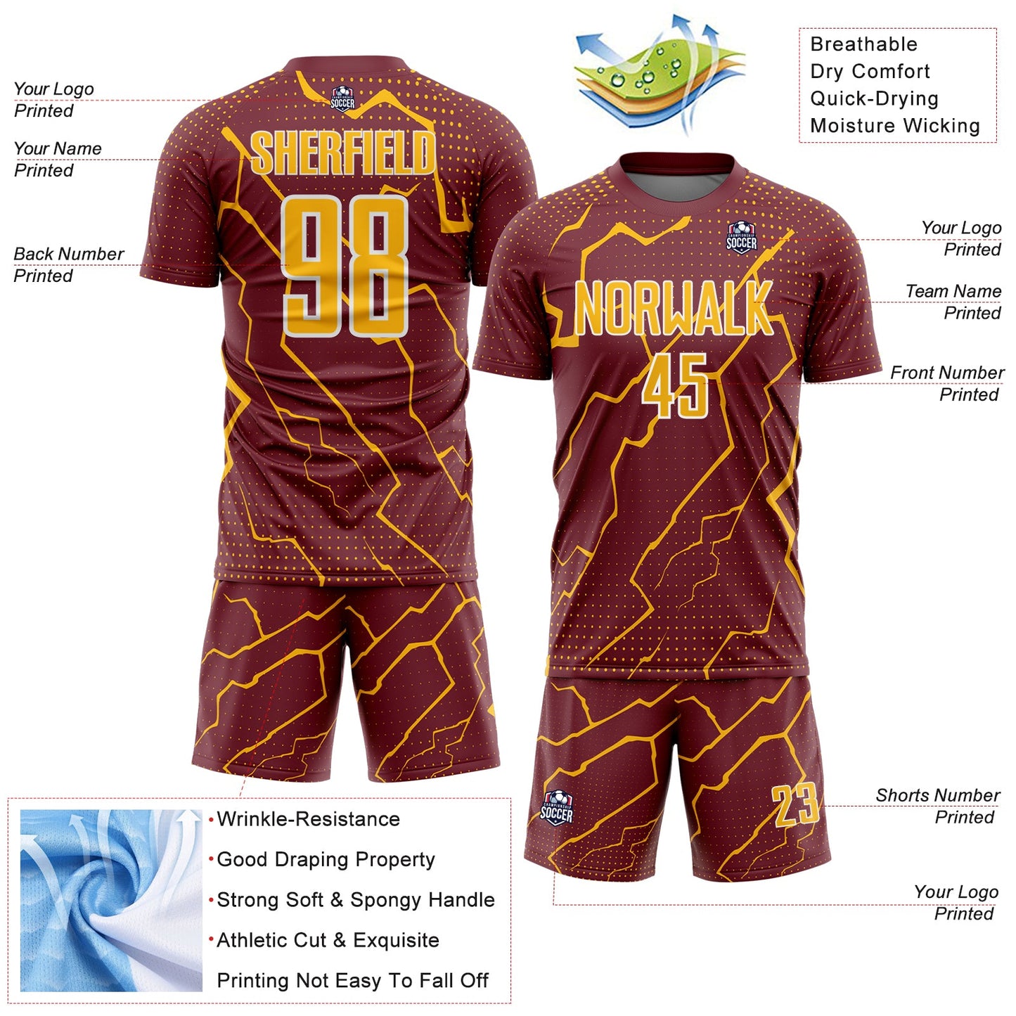 Custom Burgundy Gold-White Lightning Sports Sublimation Soccer Uniform Jersey
