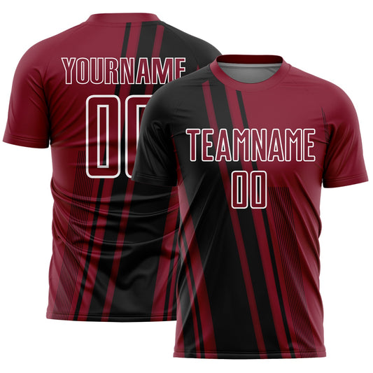 Custom Crimson Black-White Lines Sports Sublimation Soccer Uniform Jersey