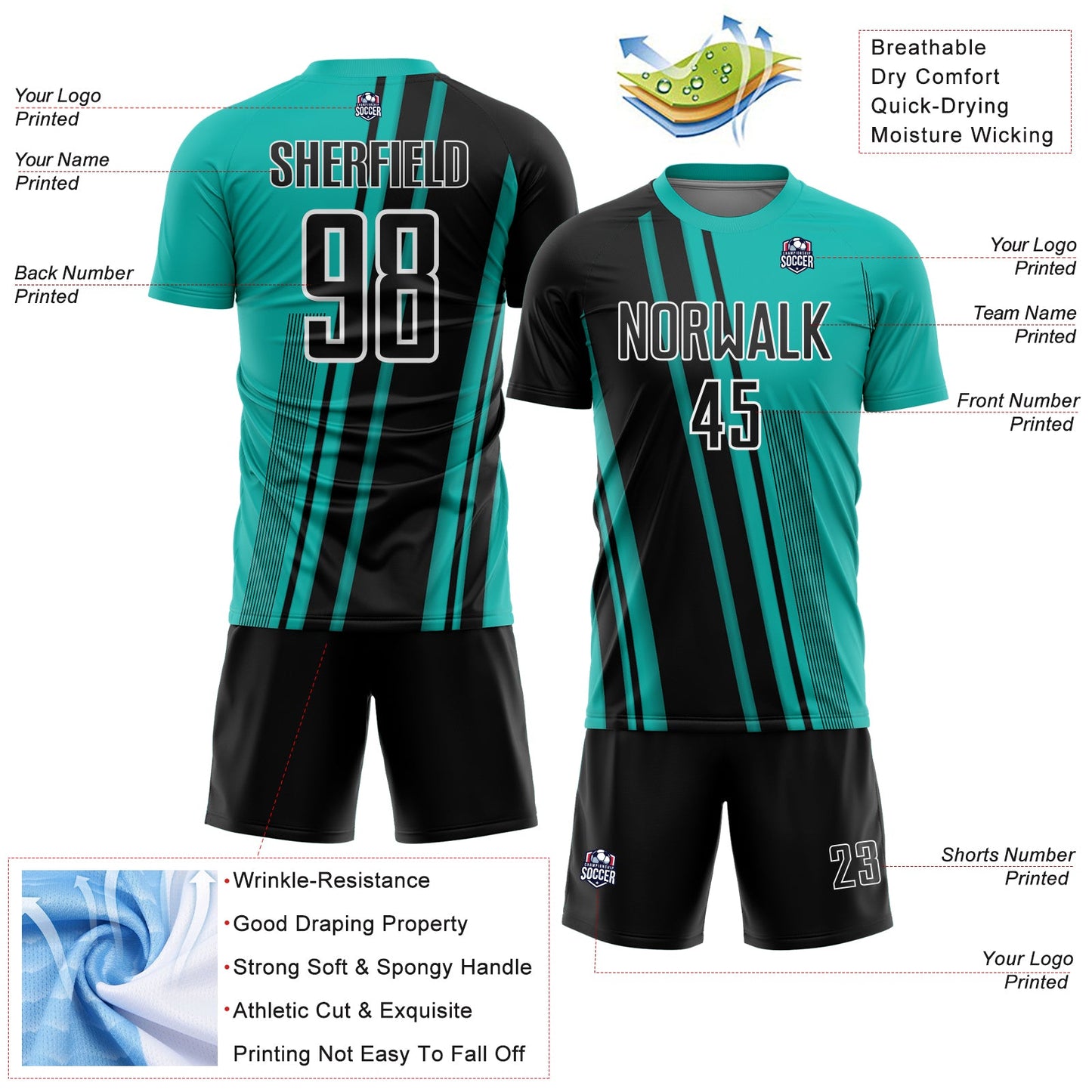 Custom Aqua Black-White Lines Sports Sublimation Soccer Uniform Jersey