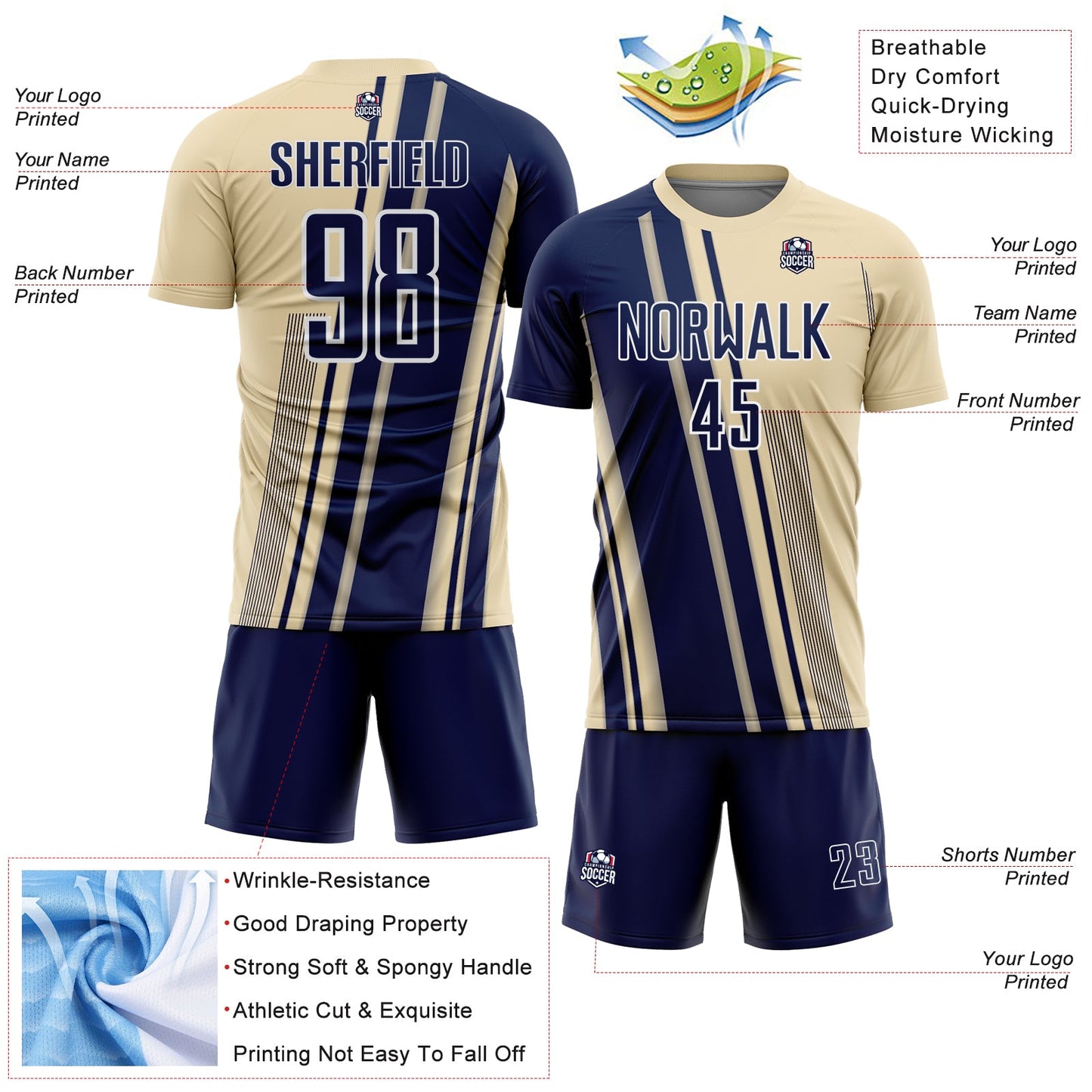Custom Cream Navy-White Lines Sports Sublimation Soccer Uniform Jersey