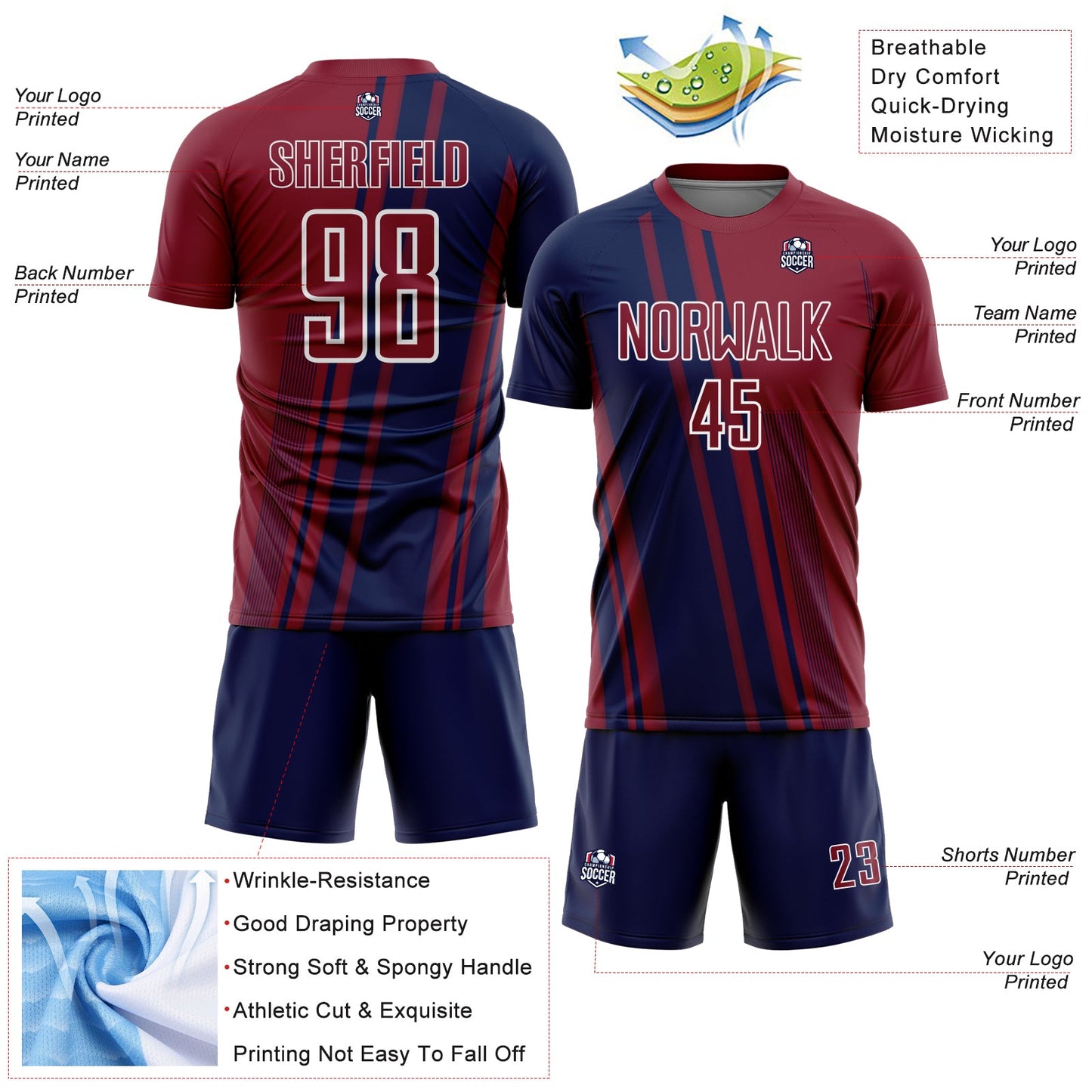 Custom Crimson Navy-White Lines Sports Sublimation Soccer Uniform Jersey