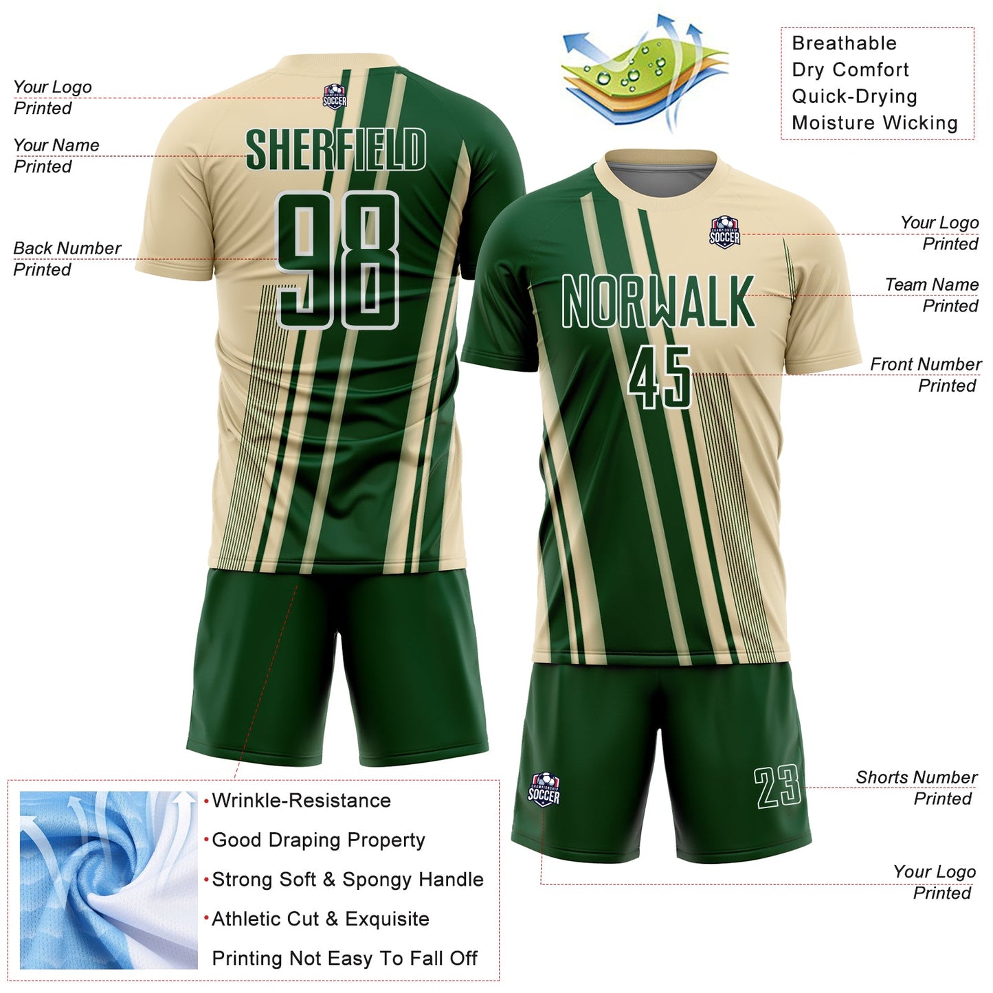 Custom Cream Green-White Lines Sports Sublimation Soccer Uniform Jersey