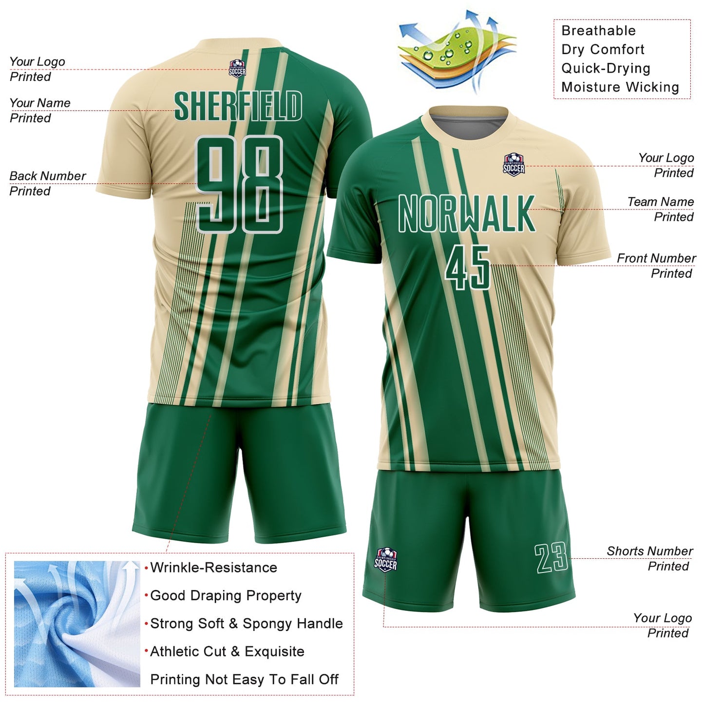 Custom Cream Kelly Green-White Lines Sports Sublimation Soccer Uniform Jersey