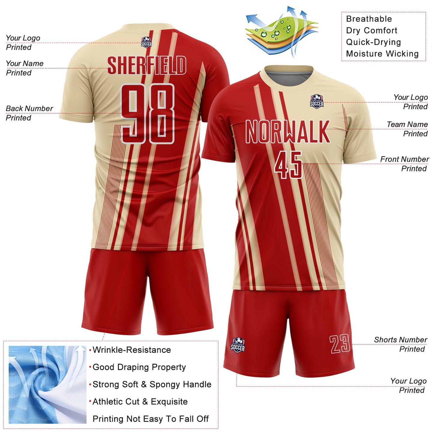 Custom Cream Red-White Lines Sports Sublimation Soccer Uniform Jersey