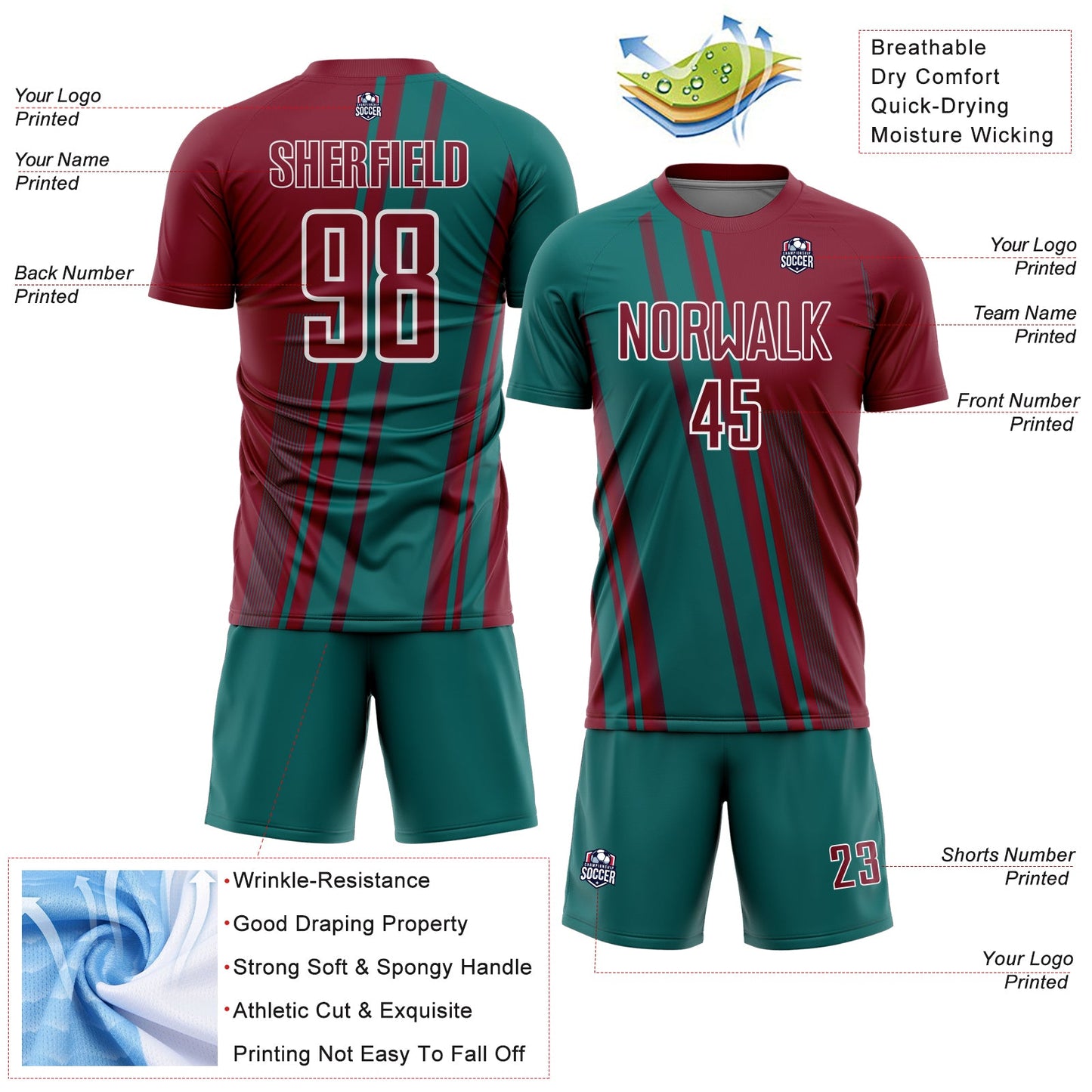 Custom Crimson Teal-White Lines Sports Sublimation Soccer Uniform Jersey