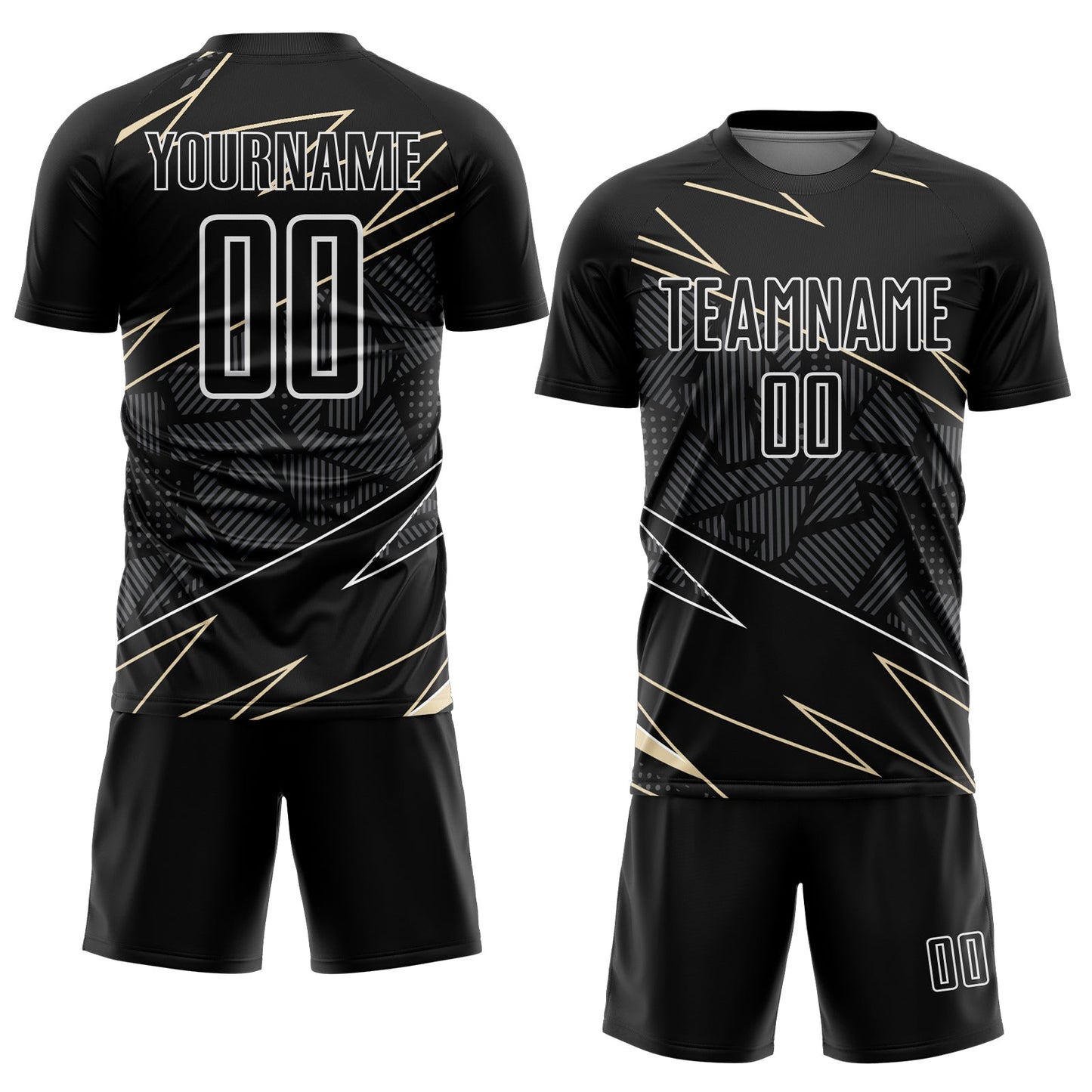 Custom Black Cream-White Lines Sports Sublimation Soccer Uniform Jersey
