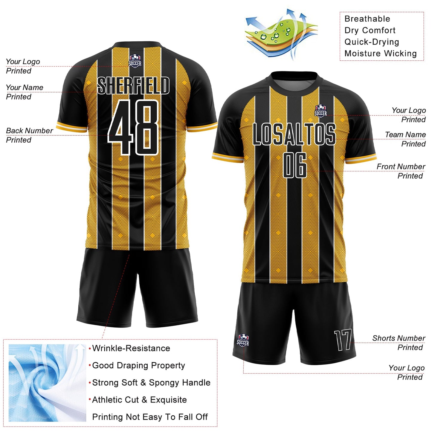 Custom Black Gold-White Pinstripe Line Sports Sublimation Soccer Uniform Jersey