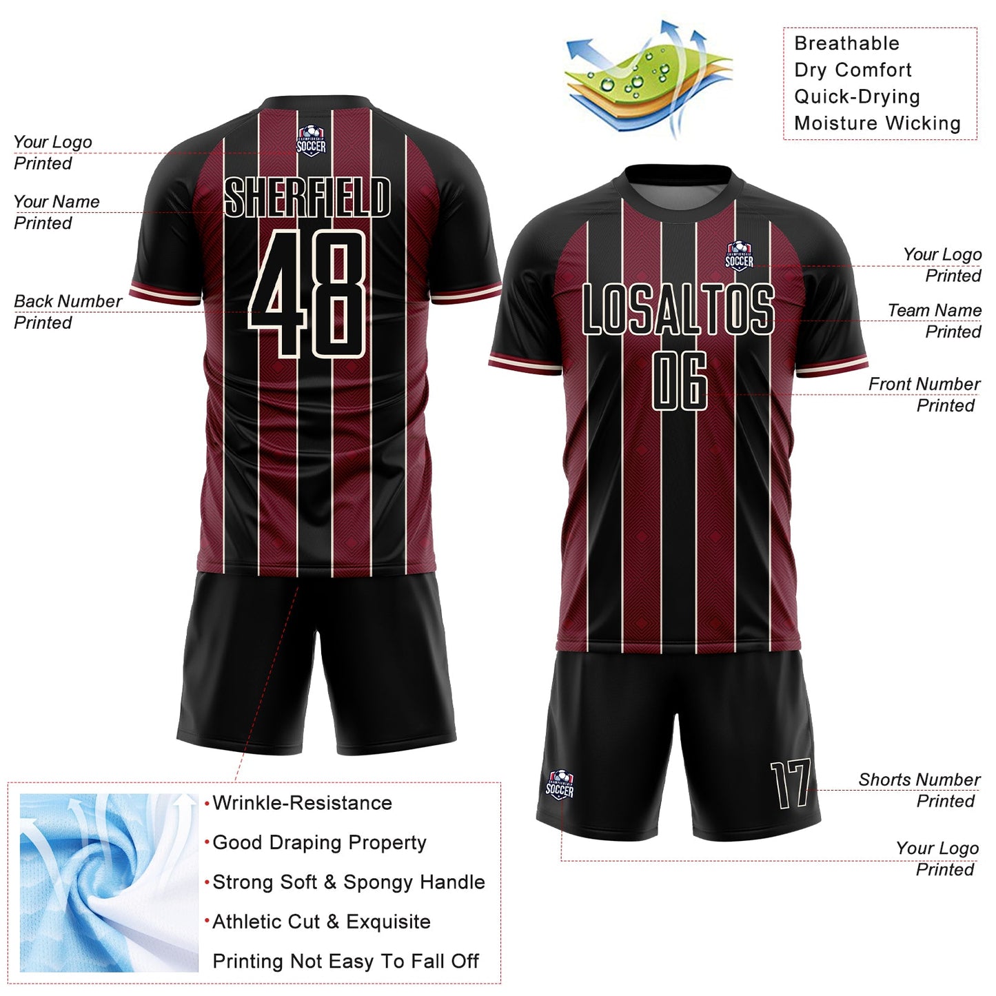 Custom Black Crimson-Cream Pinstripe Line Sports Sublimation Soccer Uniform Jersey