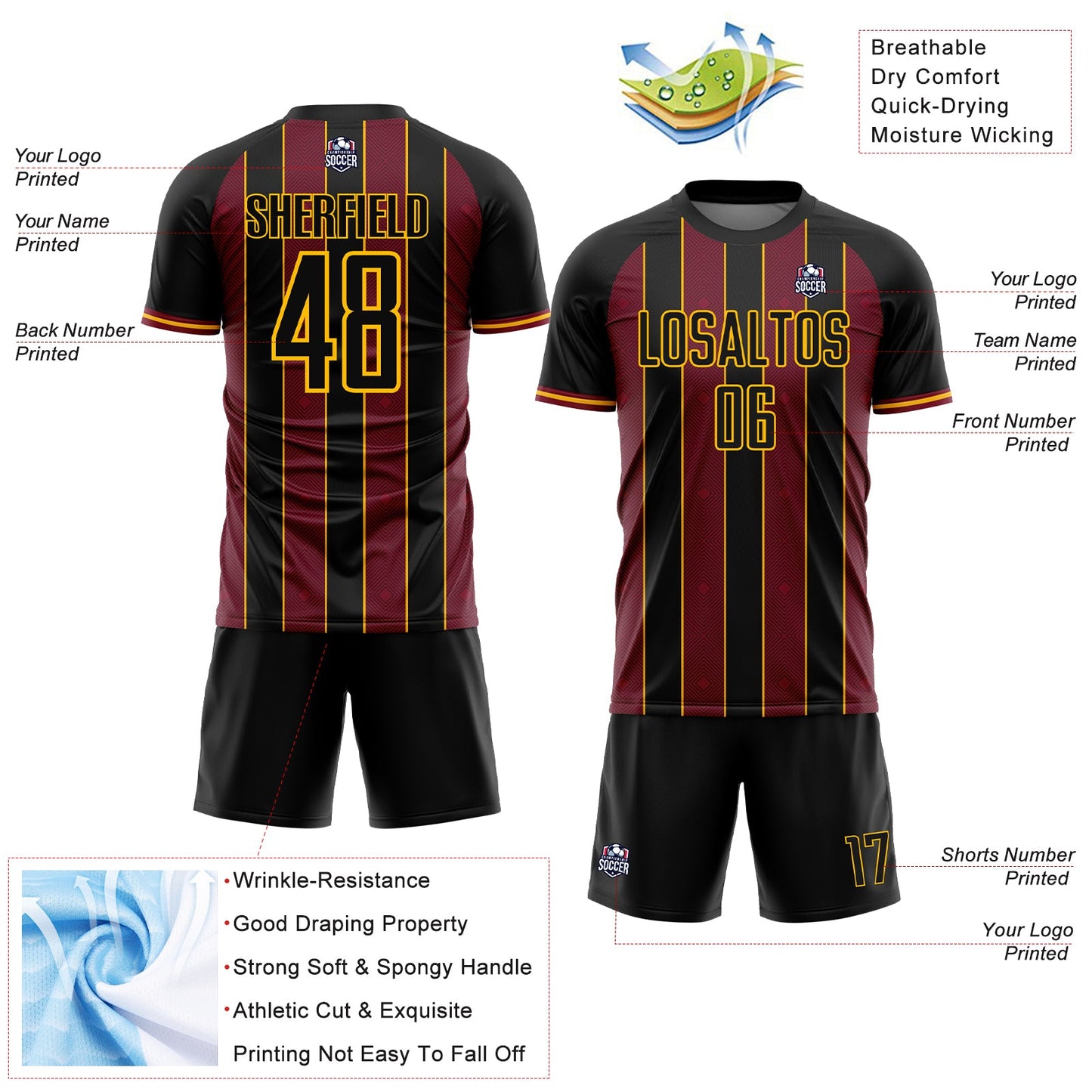 Custom Black Crimson-Gold Pinstripe Line Sports Sublimation Soccer Uniform Jersey