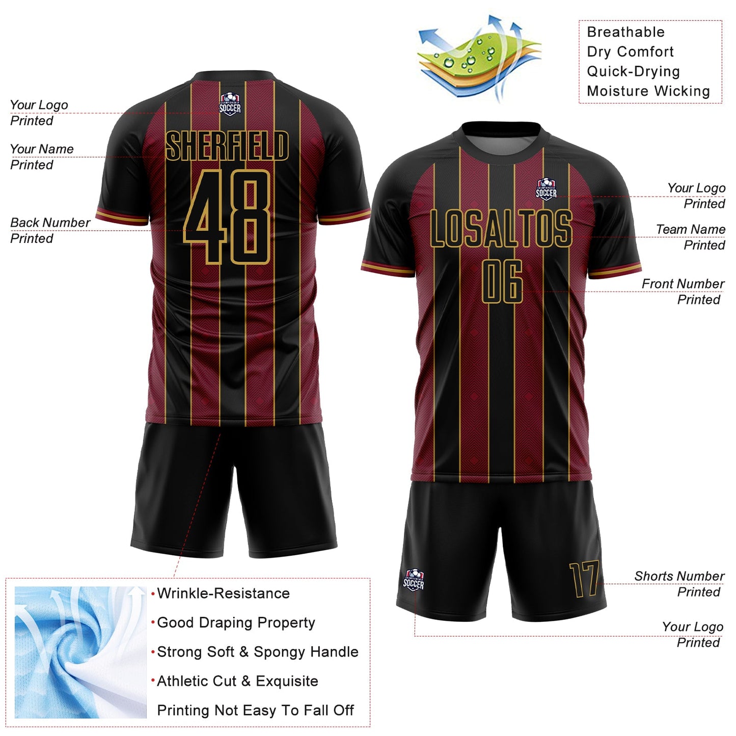 Custom Black Crimson-Old Gold Pinstripe Line Sports Sublimation Soccer Uniform Jersey