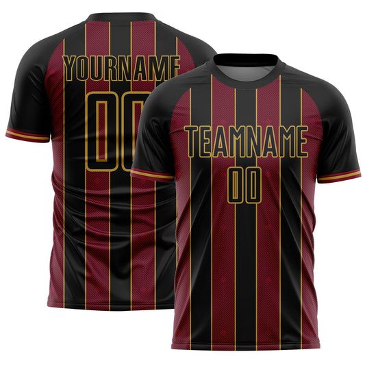 Custom Black Crimson-Old Gold Pinstripe Line Sports Sublimation Soccer Uniform Jersey