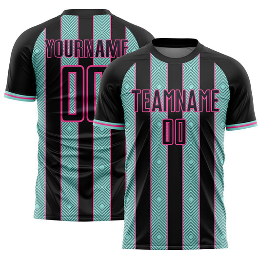 Custom Black Ice Blue-Pink Pinstripe Line Sports Sublimation Soccer Uniform Jersey