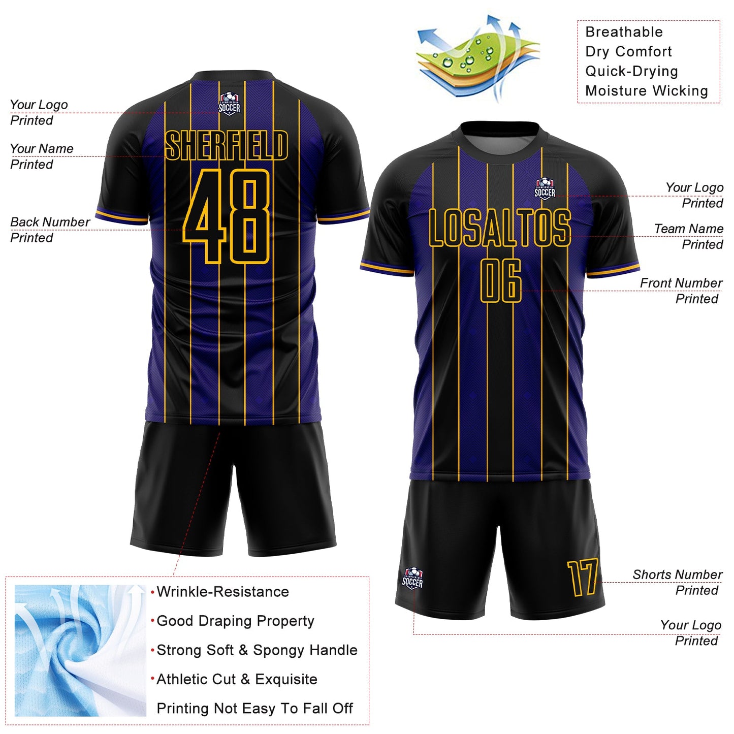 Custom Black Dark Purple-Gold Pinstripe Line Sports Sublimation Soccer Uniform Jersey