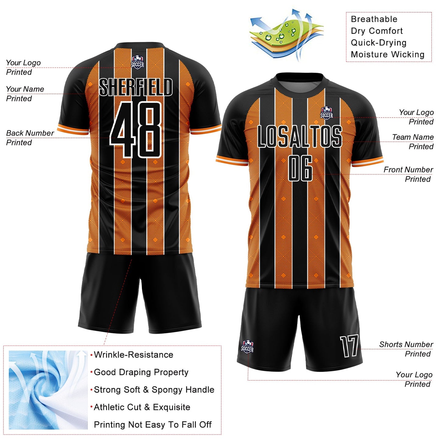Custom Black Bay Orange-White Pinstripe Line Sports Sublimation Soccer Uniform Jersey