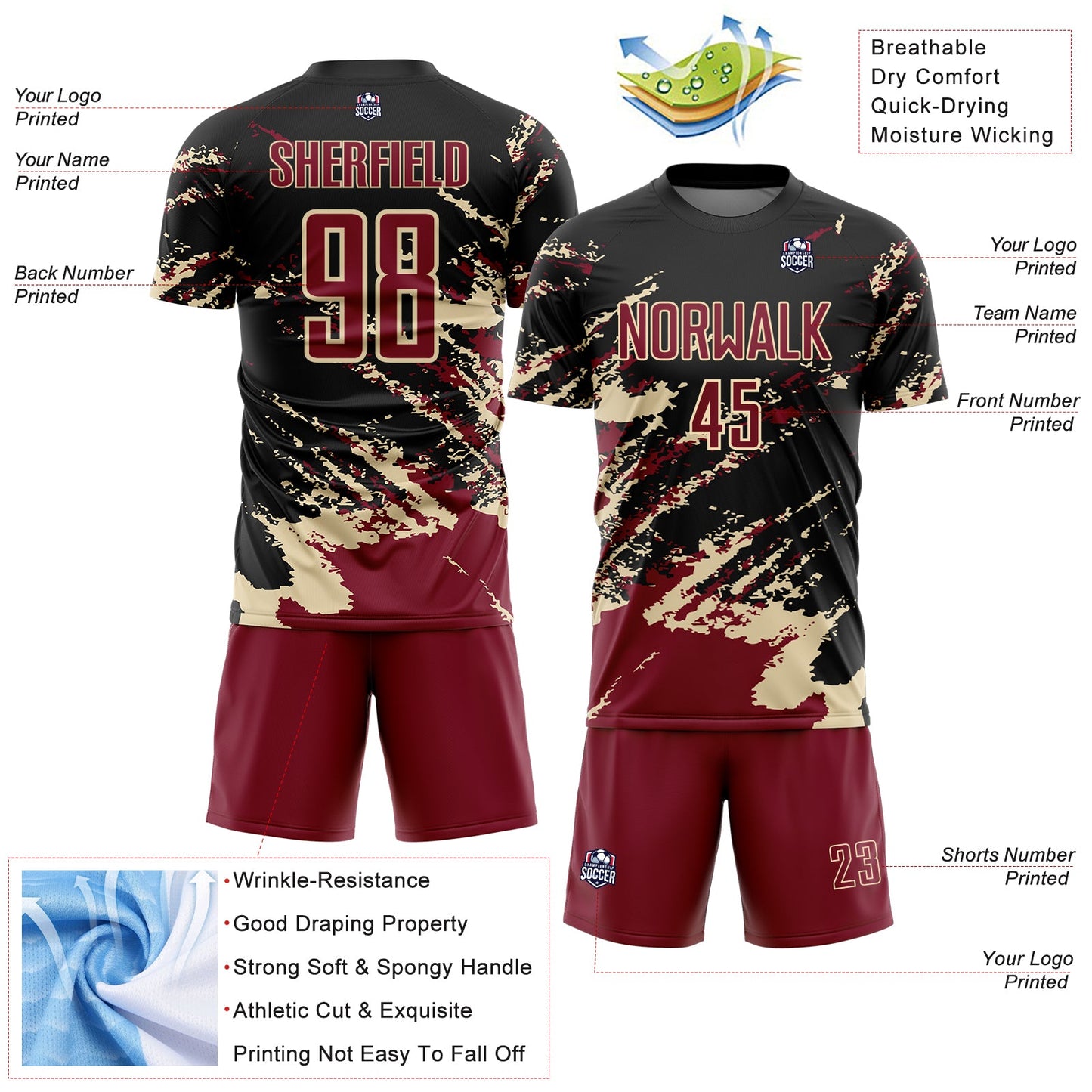 Custom Black Crimson-Cream Abstract Fragment Art Splash Sports Sublimation Soccer Uniform Jersey
