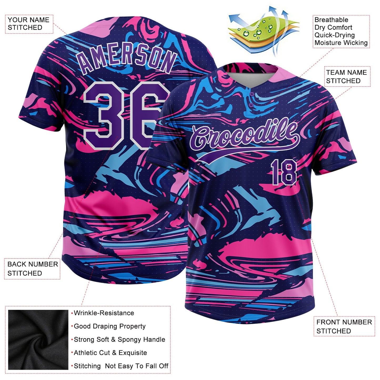 Custom Figure Purple Navy-Pink 3D Pattern Two-Button Unisex Softball Jersey