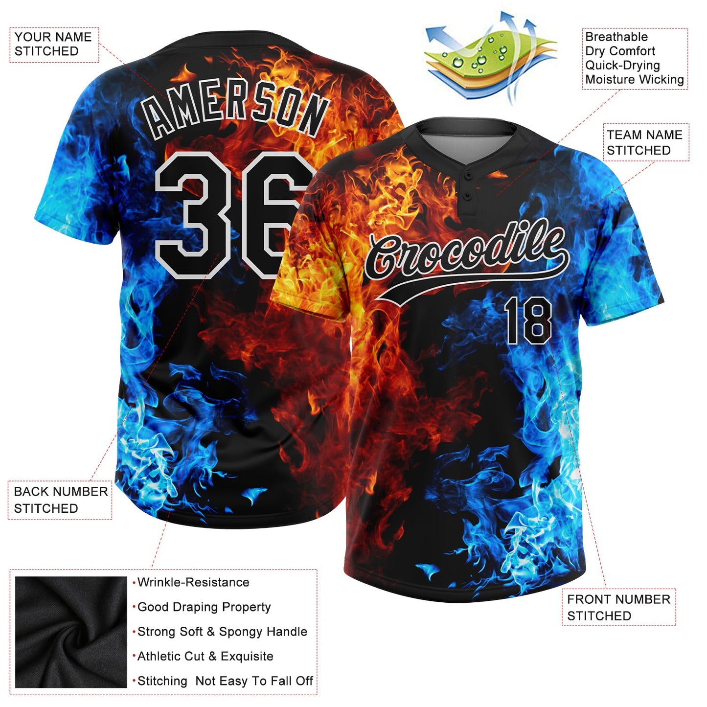 Custom Figure Black-White 3D Pattern Flame Two-Button Unisex Softball Jersey