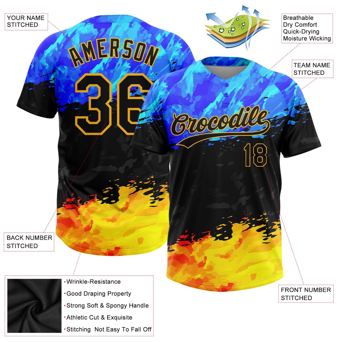 Custom Figure Black Gold-Royal 3D Pattern Two-Button Unisex Softball Jersey