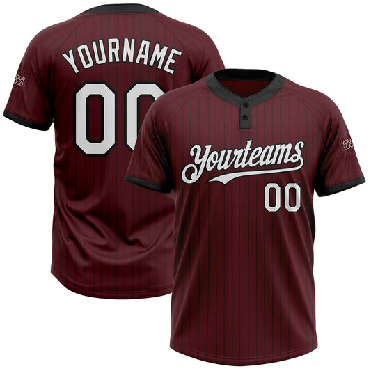 Custom Burgundy Black Pinstripe White Two-Button Unisex Softball Jersey