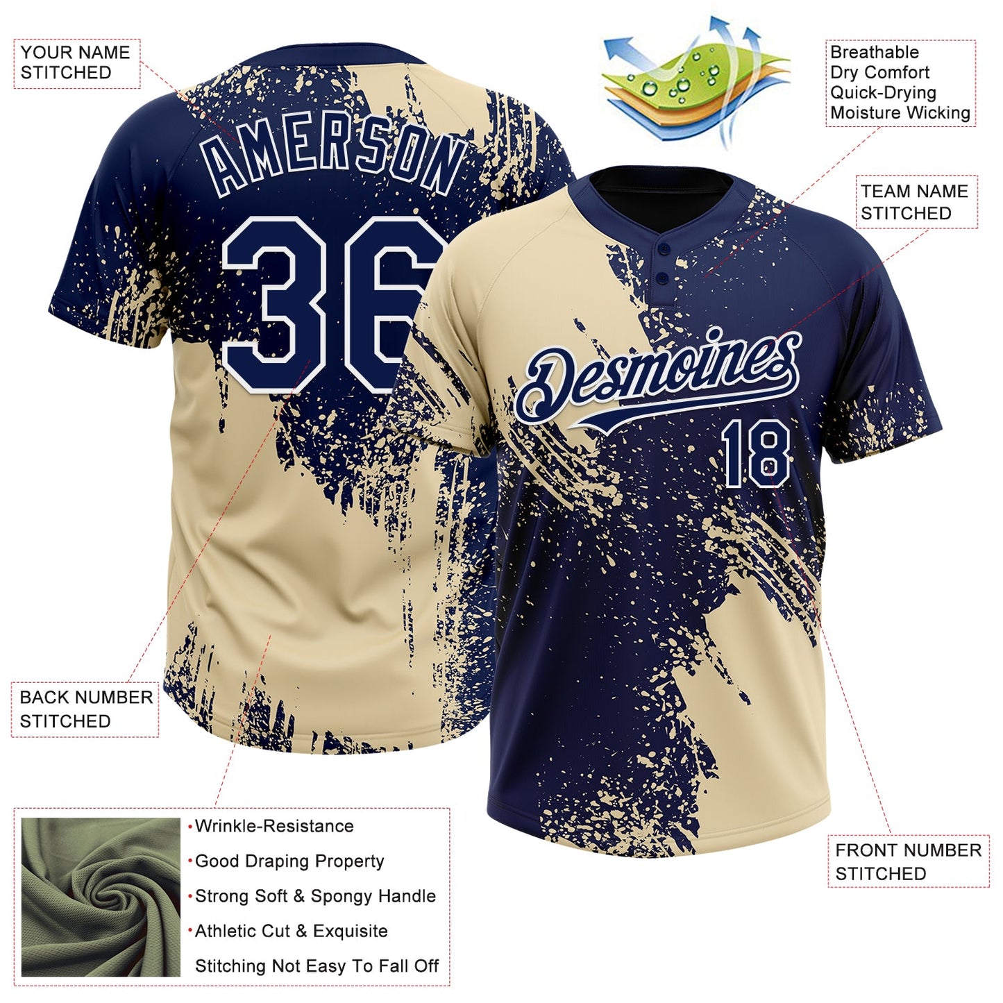 Custom Cream Navy-White 3D Pattern Abstract Brush Stroke Two-Button Unisex Softball Jersey