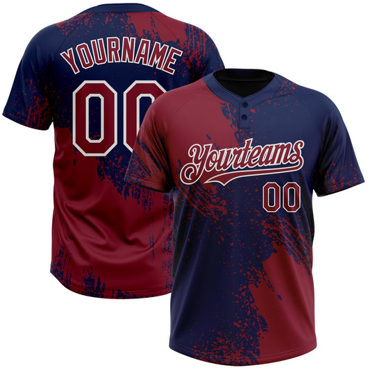 Custom Crimson Navy-White 3D Pattern Abstract Brush Stroke Two-Button Unisex Softball Jersey