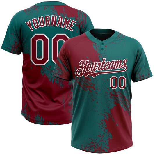 Custom Crimson Teal-White 3D Pattern Abstract Brush Stroke Two-Button Unisex Softball Jersey