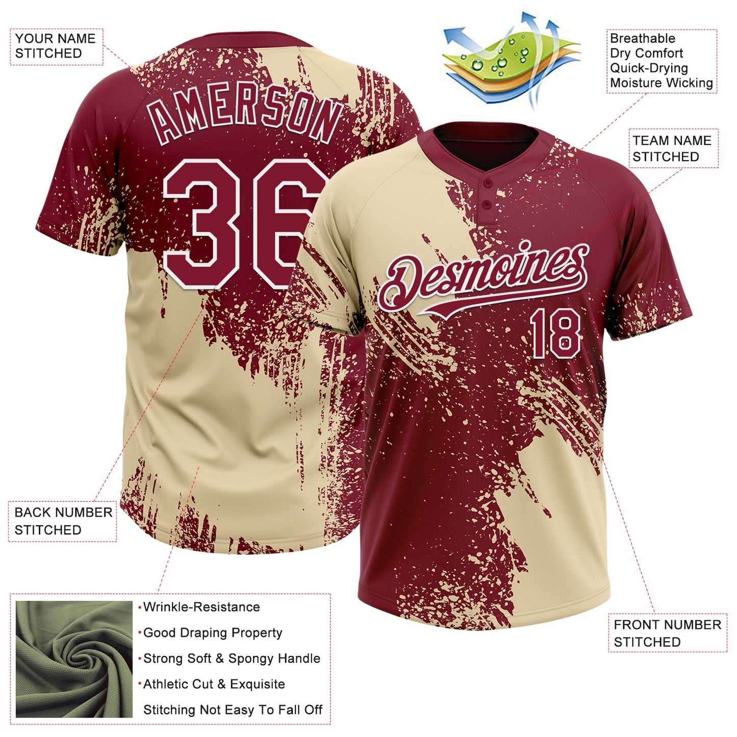 Custom Cream Crimson-White 3D Pattern Abstract Brush Stroke Two-Button Unisex Softball Jersey