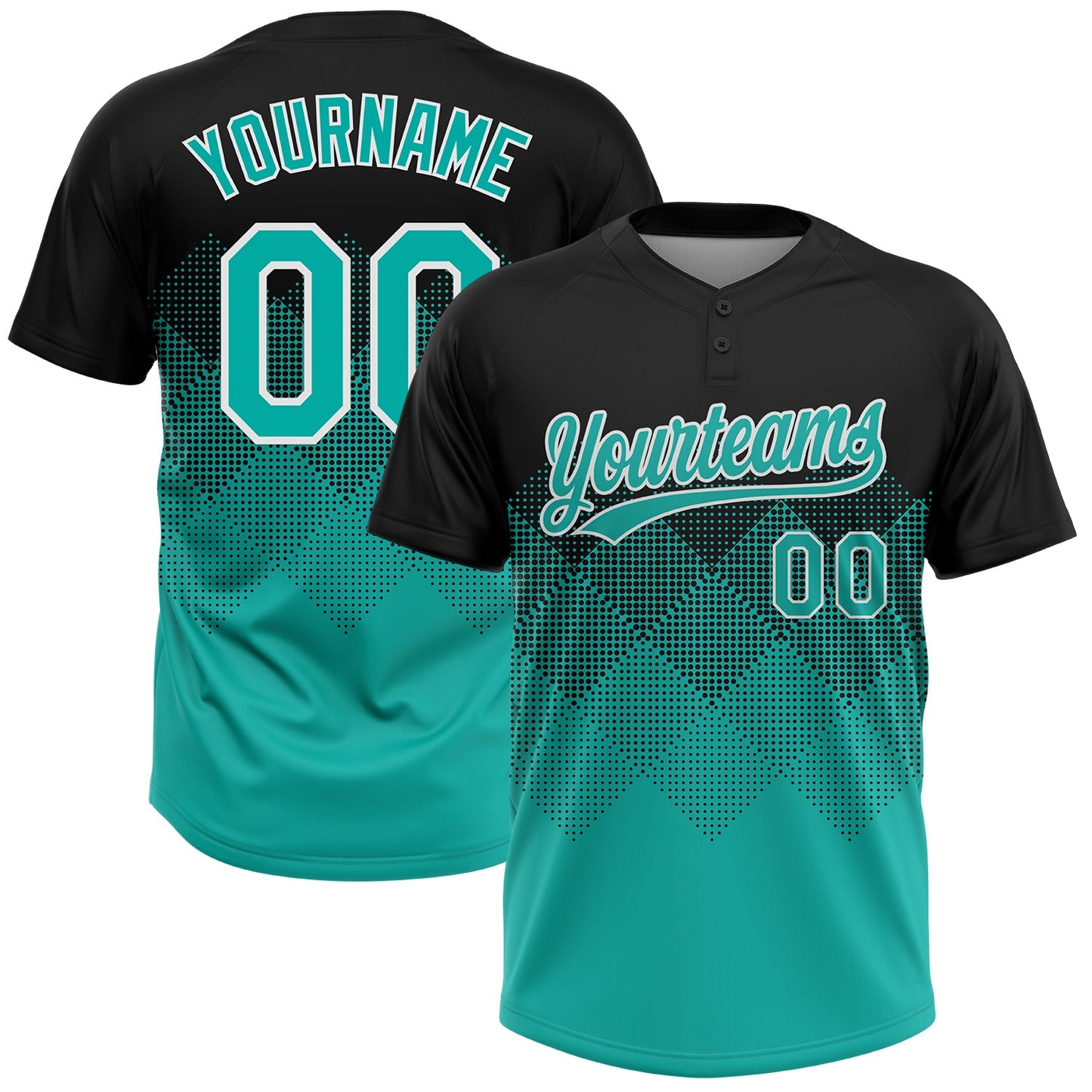 Custom Black Aqua-White 3D Gradient Square Shape Two-Button Unisex Softball Jersey