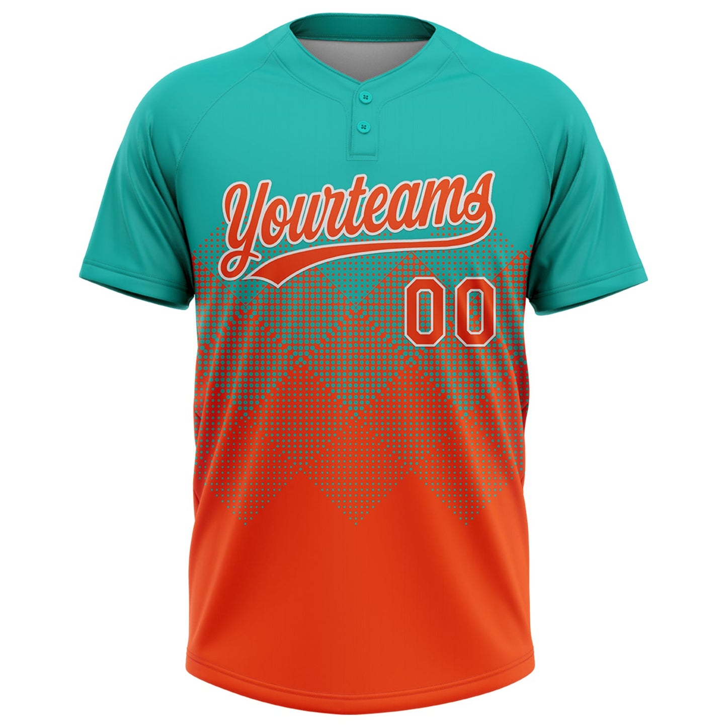 Custom Aqua Orange-White 3D Gradient Square Shape Two-Button Unisex Softball Jersey