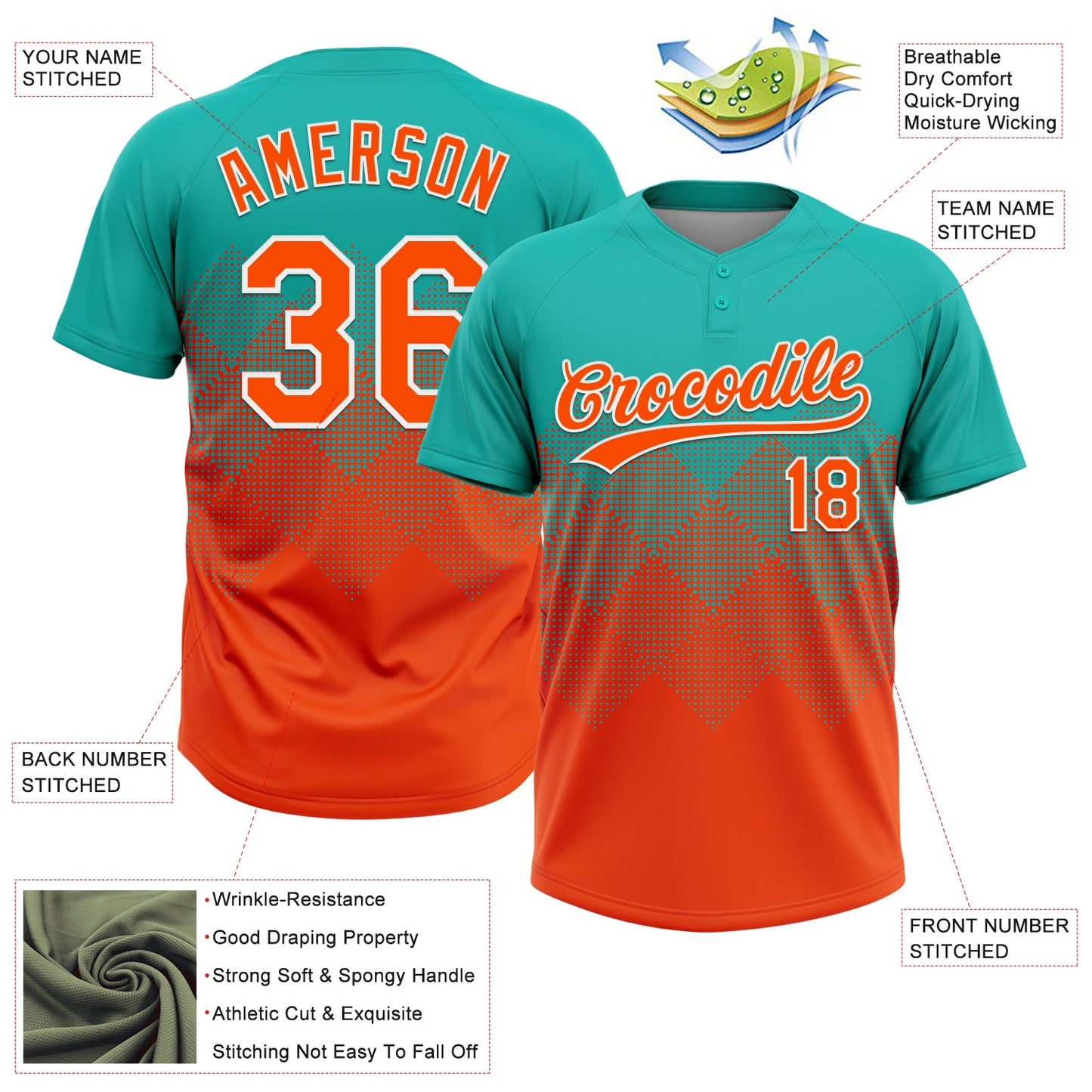 Custom Aqua Orange-White 3D Gradient Square Shape Two-Button Unisex Softball Jersey
