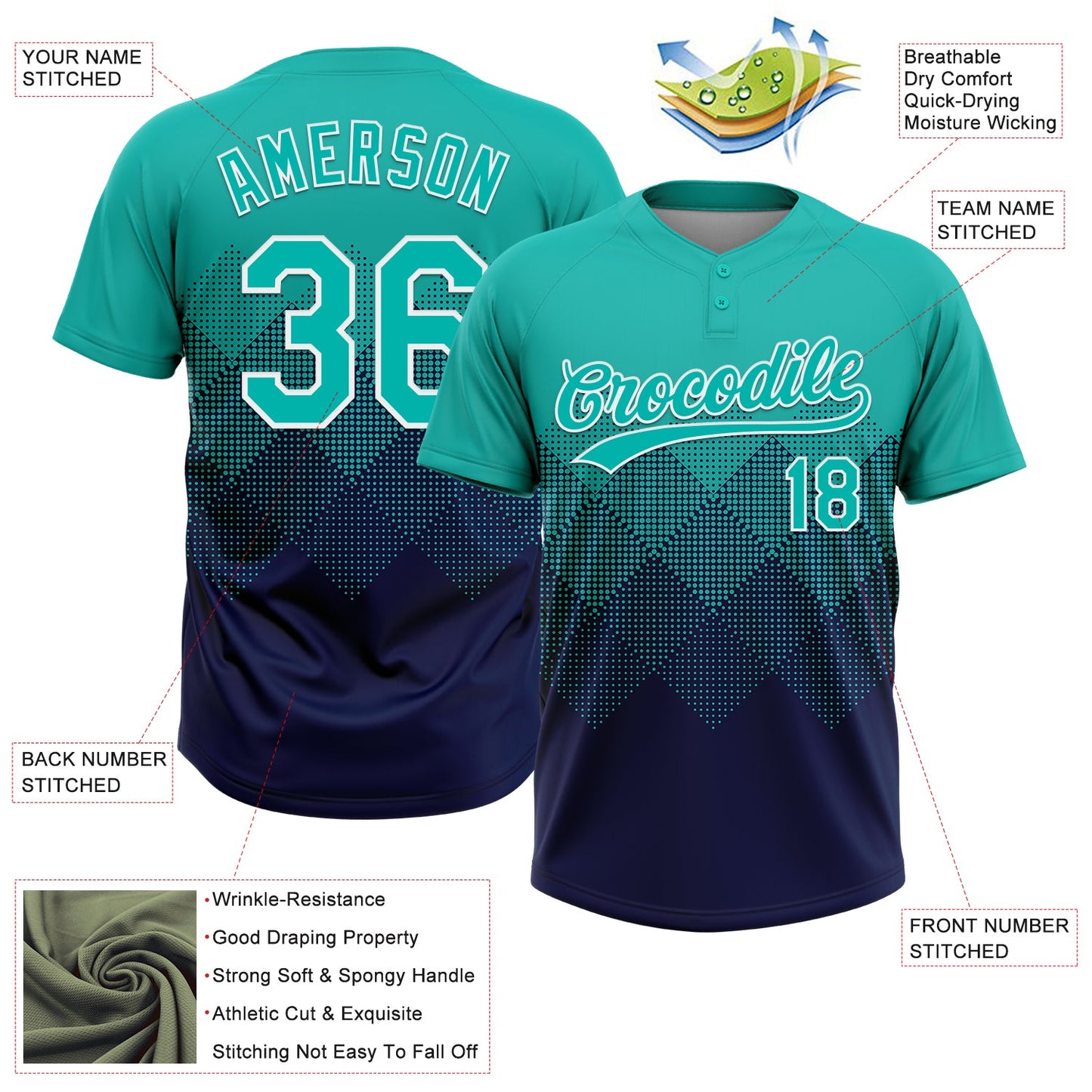 Custom Aqua Navy-White 3D Gradient Square Shape Two-Button Unisex Softball Jersey