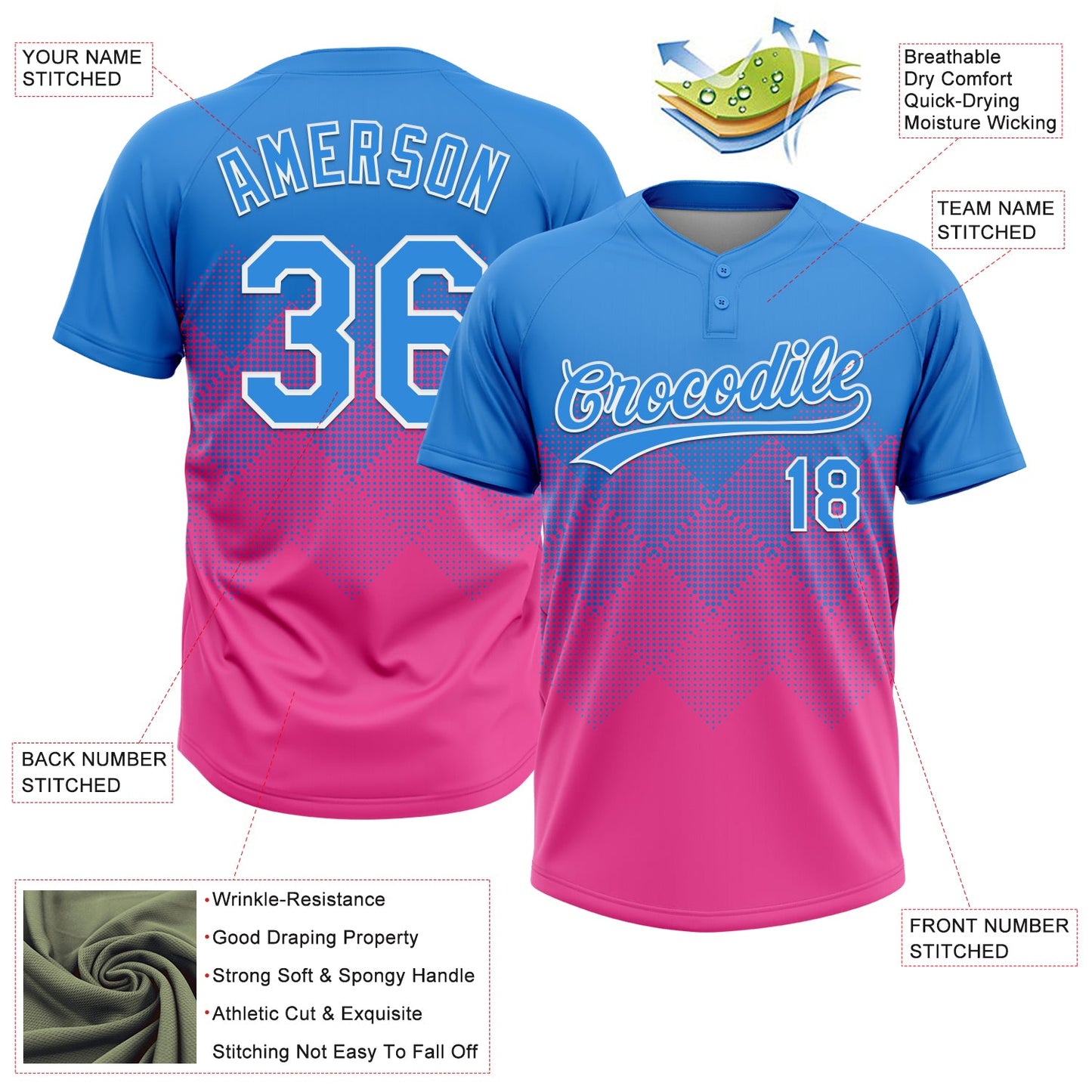 Custom Electric Blue Pink-White 3D Gradient Square Shape Two-Button Unisex Softball Jersey