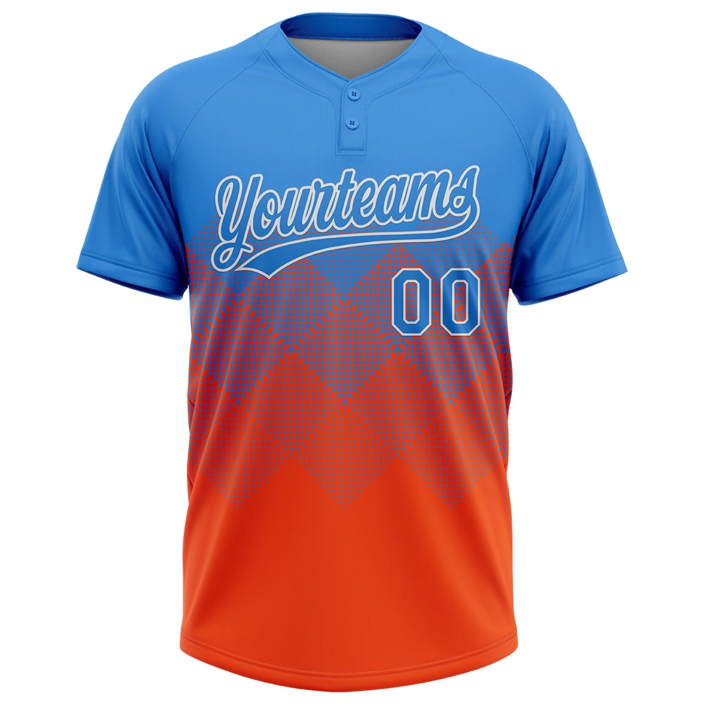 Custom Electric Blue Orange-White 3D Gradient Square Shape Two-Button Unisex Softball Jersey