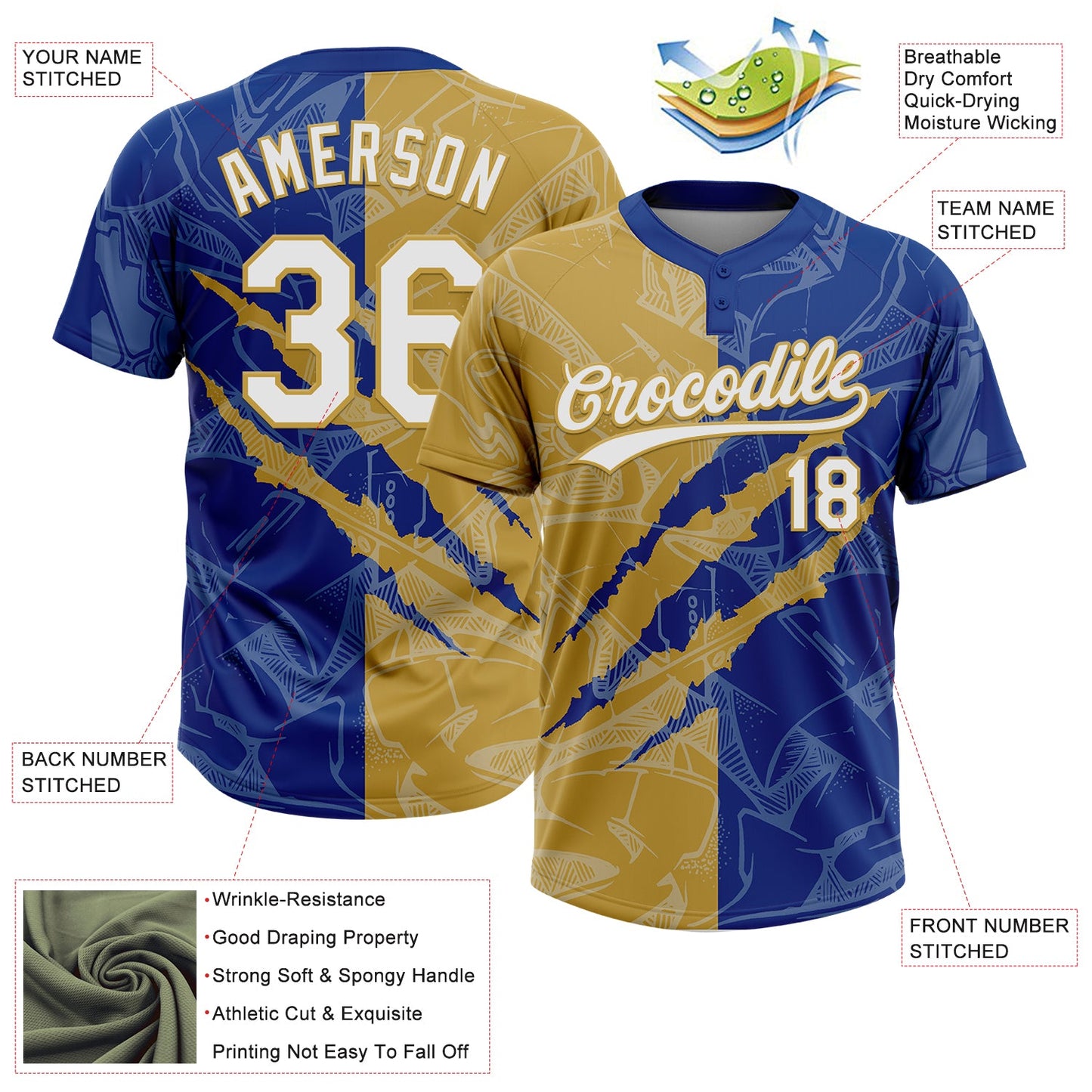 Custom Graffiti Pattern White Royal-Old Gold 3D Scratch Two-Button Unisex Softball Jersey