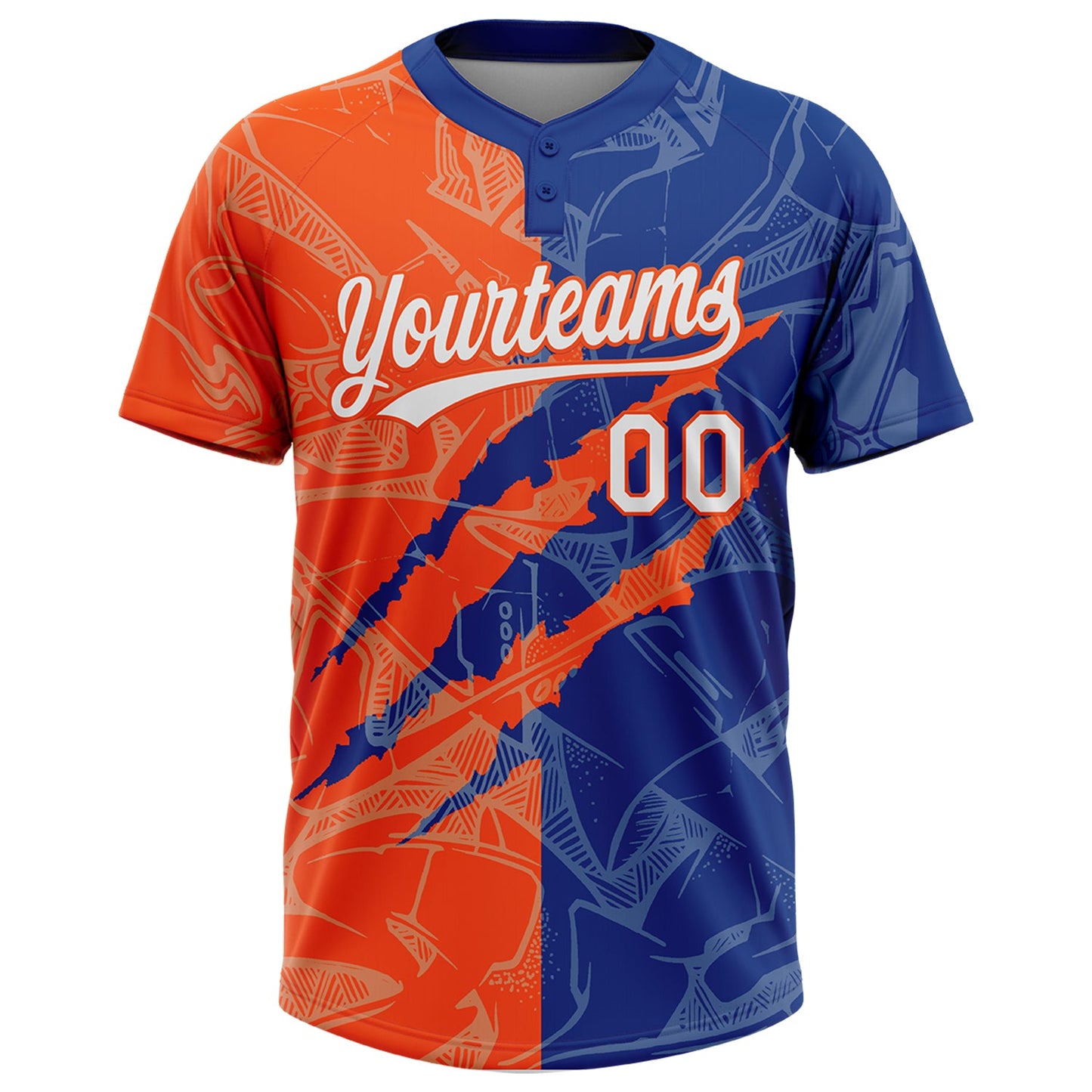 Custom Graffiti Pattern White Royal-Orange 3D Scratch Two-Button Unisex Softball Jersey