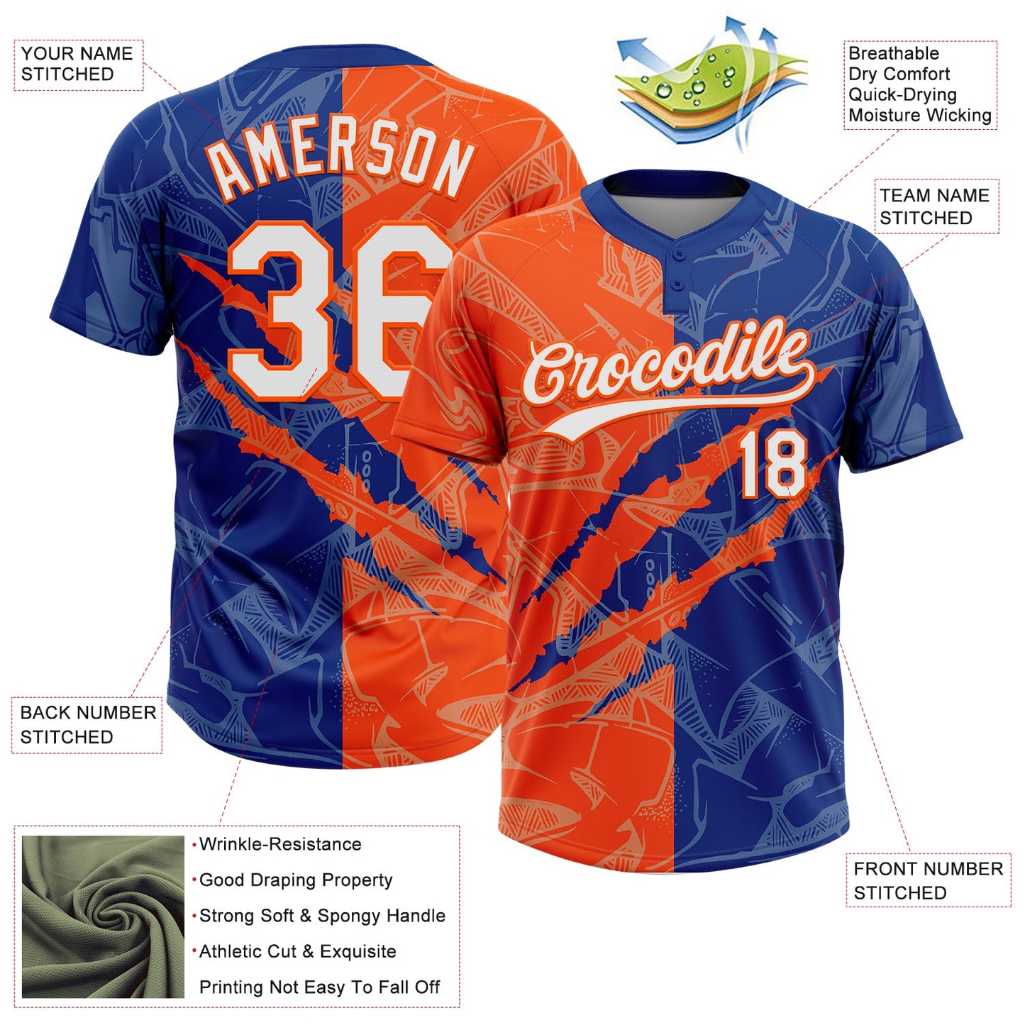 Custom Graffiti Pattern White Royal-Orange 3D Scratch Two-Button Unisex Softball Jersey