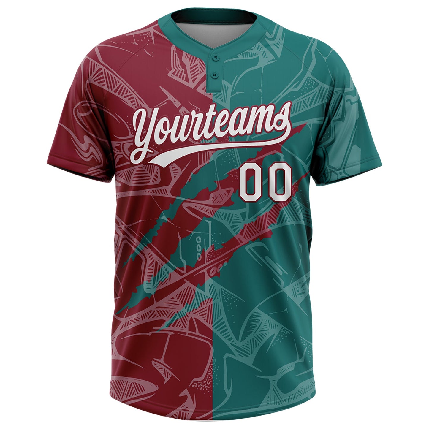 Custom Graffiti Pattern White Teal-Crimson 3D Scratch Two-Button Unisex Softball Jersey