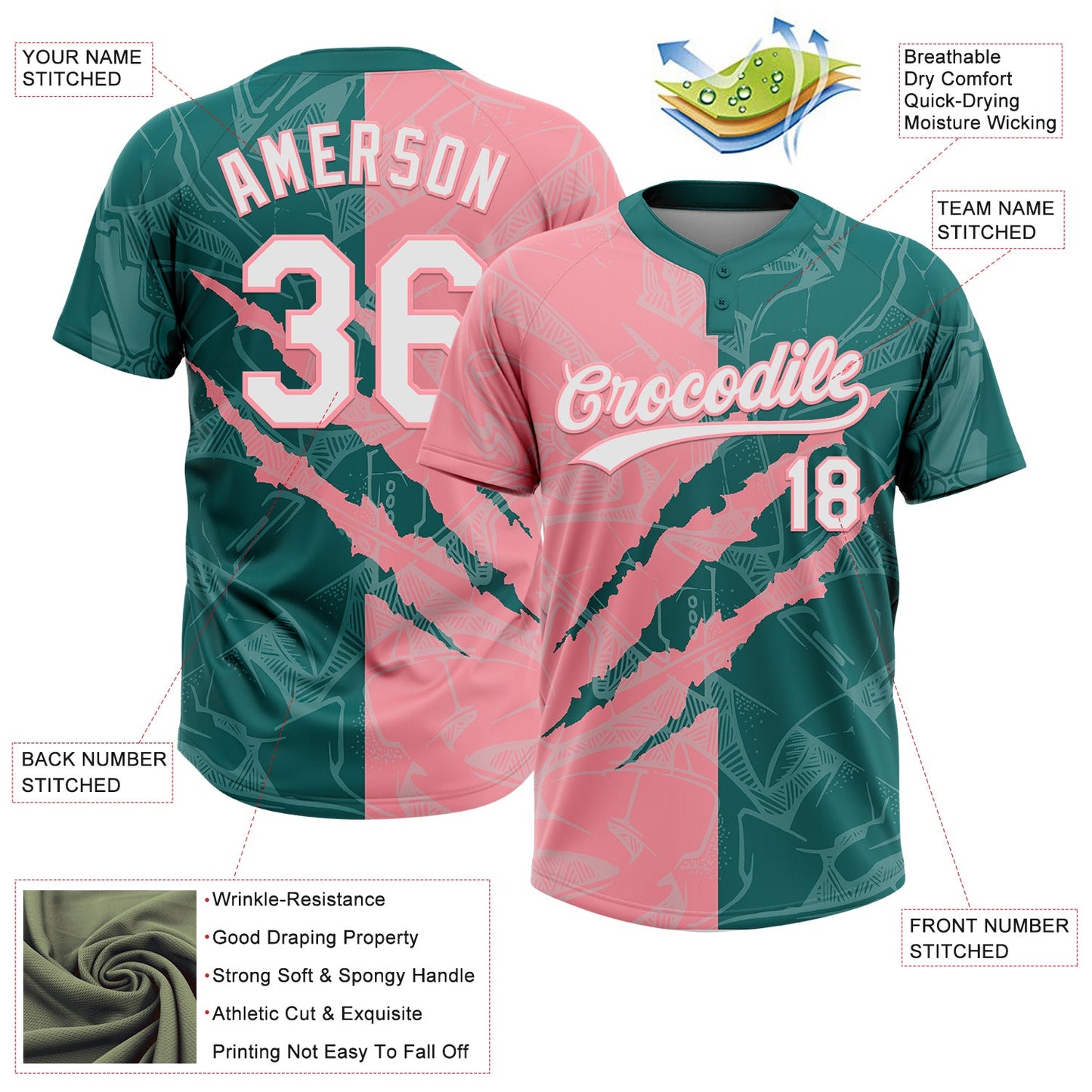 Custom Graffiti Pattern White Teal-Medium Pink 3D Scratch Two-Button Unisex Softball Jersey
