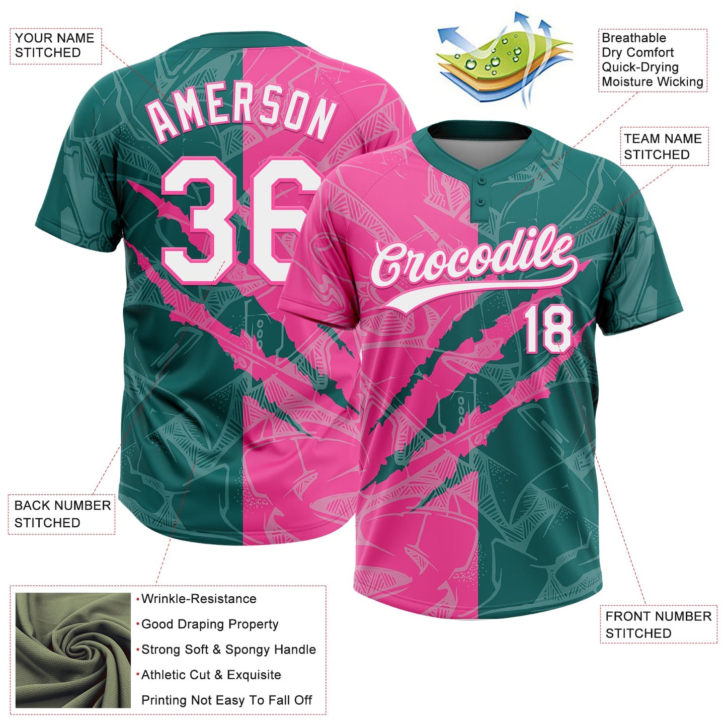 Custom Graffiti Pattern White Teal-Pink 3D Scratch Two-Button Unisex Softball Jersey