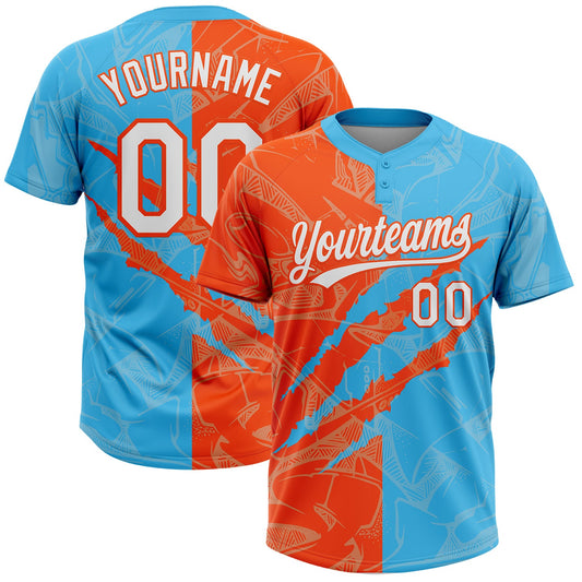 Custom Graffiti Pattern White Sky Blue-Orange 3D Scratch Two-Button Unisex Softball Jersey