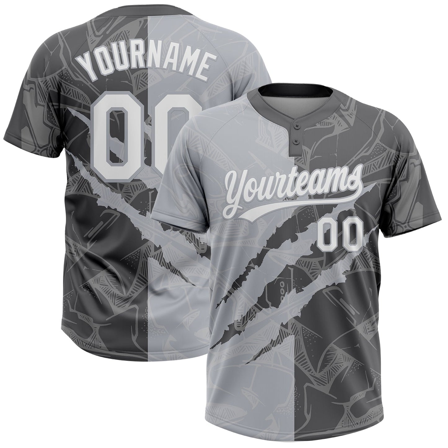 Custom Graffiti Pattern White Steel Gray-Gray 3D Scratch Two-Button Unisex Softball Jersey