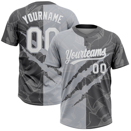 Custom Graffiti Pattern White Steel Gray-Gray 3D Scratch Two-Button Unisex Softball Jersey